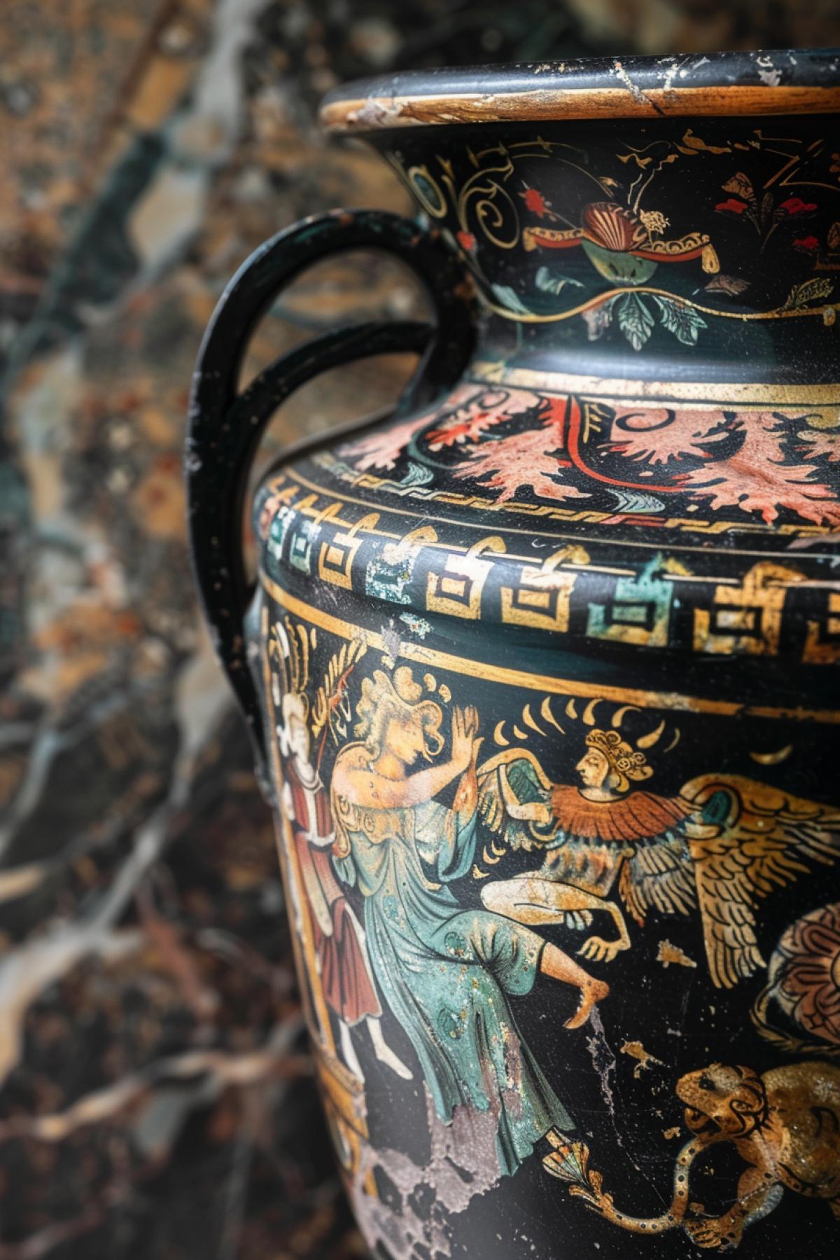Close-up of an Ancient Greek vase painted with scenes from mythology: Hercules in battle with the Nemean Lion, Aphrodite emerging from the sea, and Apollo playing the lyre. The background is a marble wall with reliefs and ornaments emphasizing the grace and dirt of ancient Greek art.