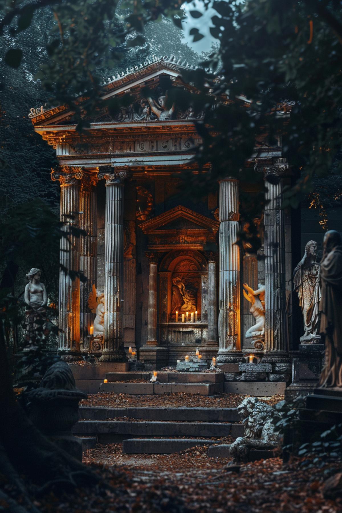 An ancient Greek temple in the forest, surrounded by statues of gods and goddesses. The entrance to the temple is decorated with marble columns and carved ornaments. Inside is an altar with burning candles and golden gifts. The light of the moon penetrates through the windows, creating a mystical atmosphere.