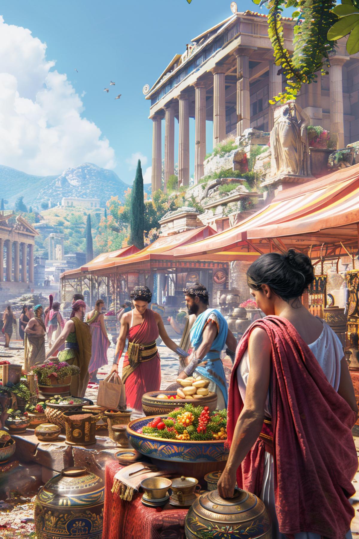The ancient Greek market is in full swing. Close-up: a seller offers amphorae and ceramics, women in tunics select goods, children play around. The background is ancient buildings with columns and statues. The sun is shining brightly, adding liveliness and realism to the scene.