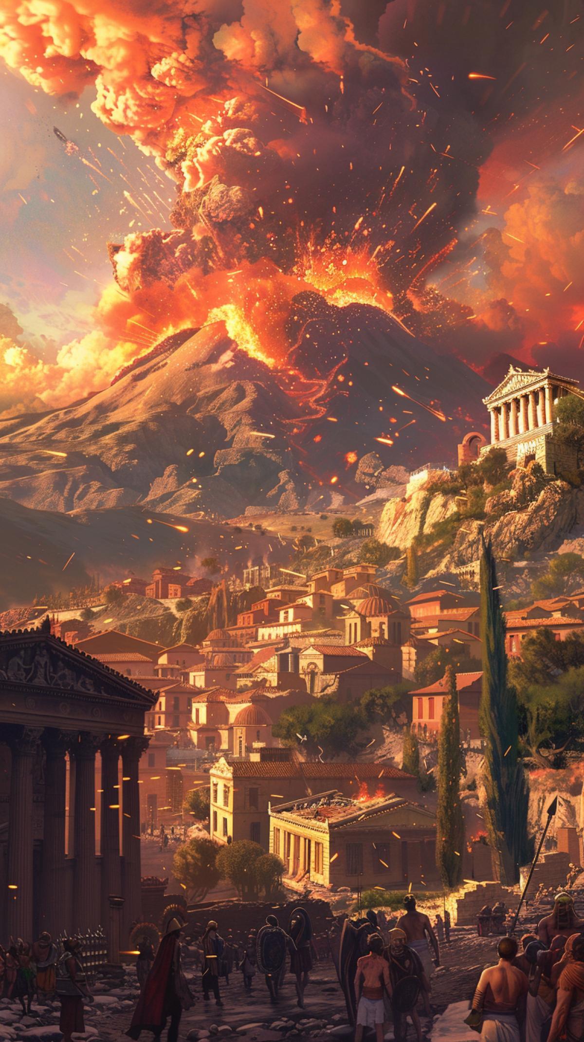 In the background, a volcano was erupting, the sky is covered in ash, in the foreground, an ancient Greek city is slightly engulfed in fire, people are fleeing from it in fear.