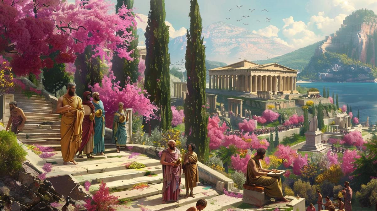 Blooming ancient Greece, in front, philosophers, actors discussing an idea