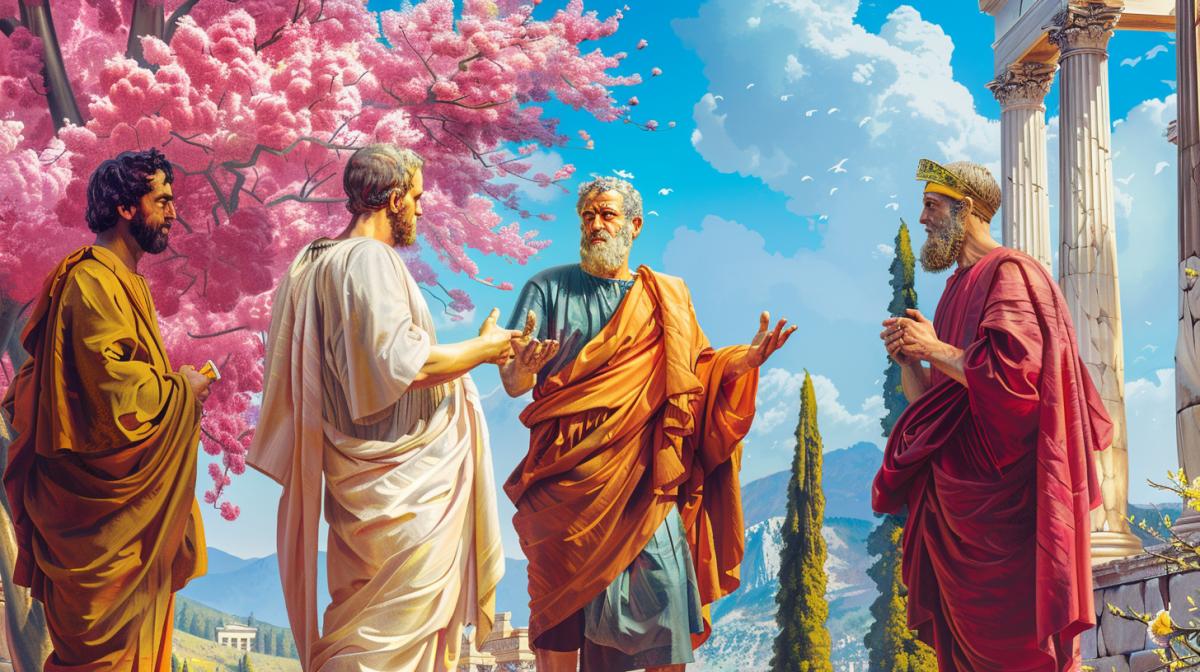 Blooming ancient Greece, in front, philosophers, actors discussing an idea