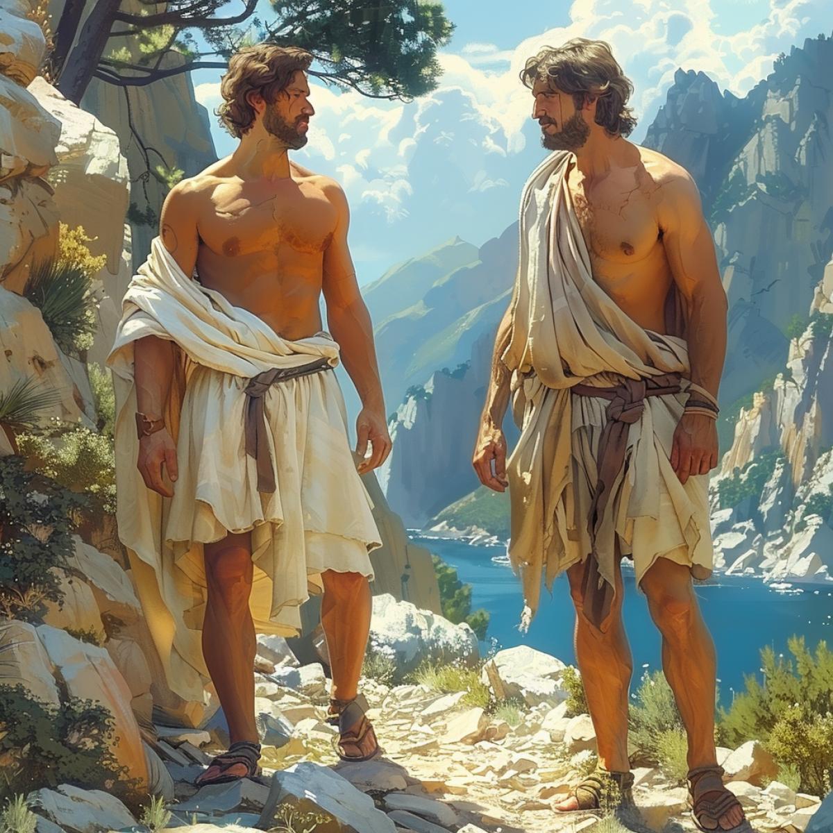 Hercules and Iolaus are walking along the road among the mountains, talking. Style series Hercules