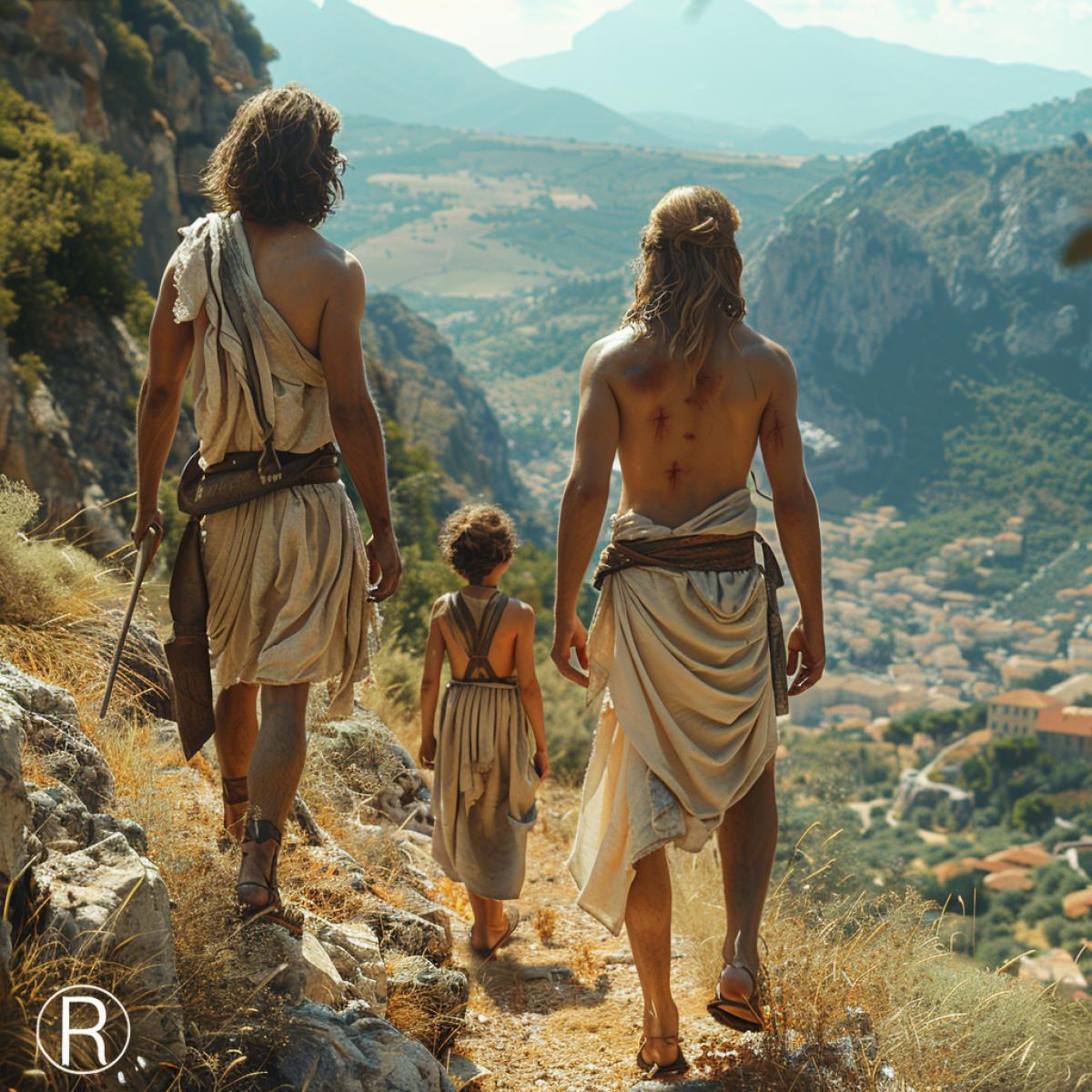 Realistic Fragment of filming The son of the mighty Zeus and an earthly woman, half-god and half-man, beautiful blue-eyed Hercules and his friend Iolaus walk along the path to the village.. The frame is filled with the most modern film technologies, virtual ancient Greek reality, special effects of the twenty-first century, high realism of Ancient Greece thousands of years ago, high detail, colorfulness