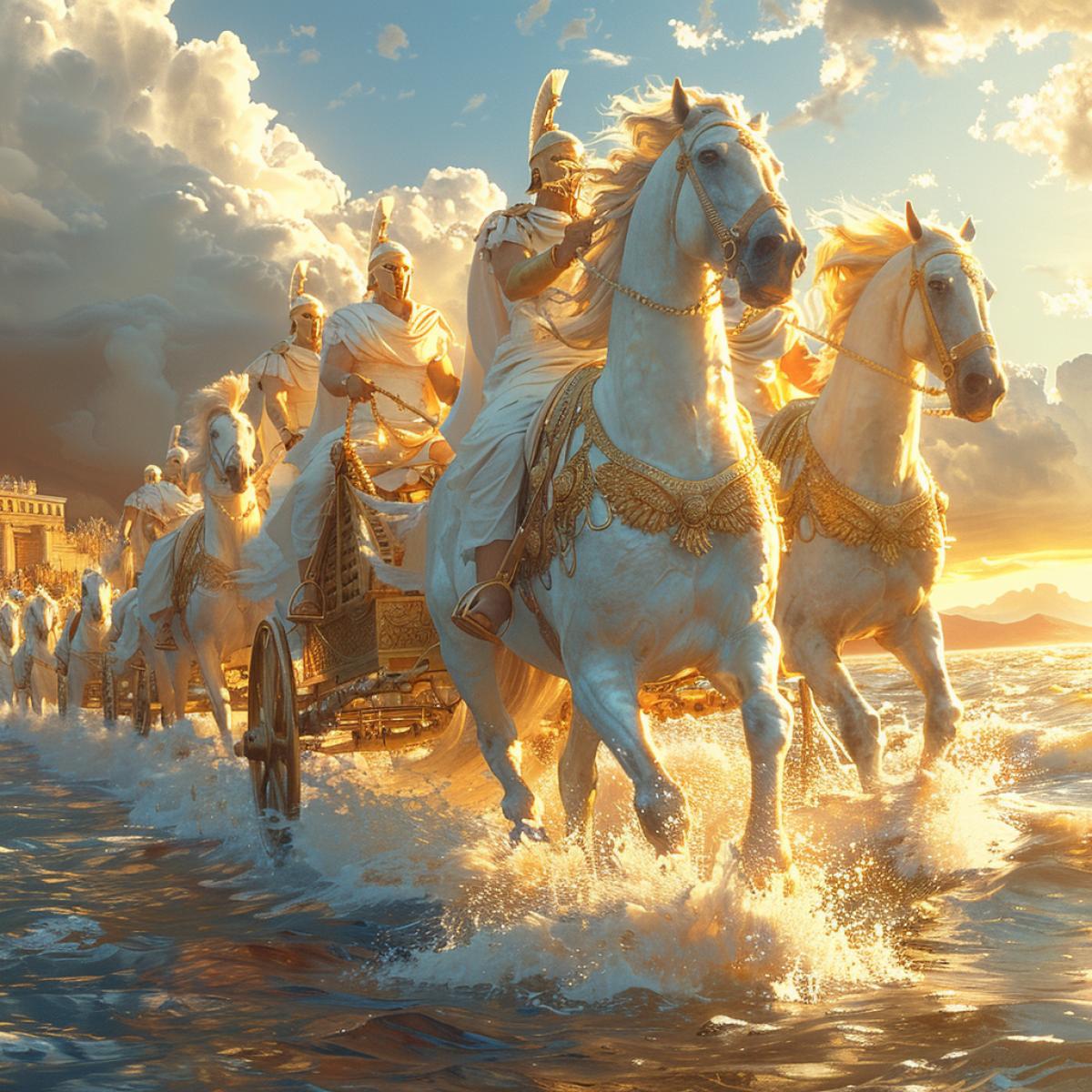The gods of Olympus organized chariot races.. Beautiful, well-built gods of Greece on golden chariots drawn by horses compete with each other on a field located on Olympus