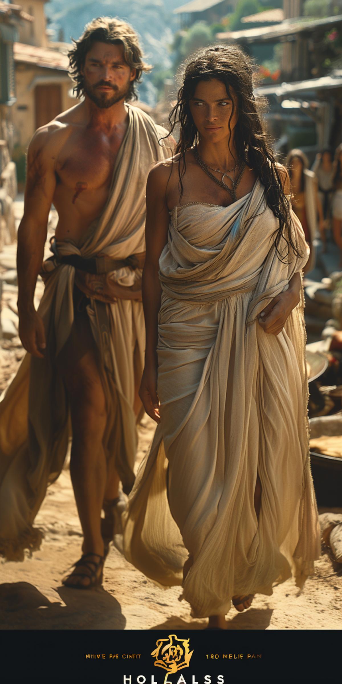 Realistic Fragment of filming The son of the mighty Zeus and an earthly woman, half-god and half-man, beautiful blue-eyed Hercules and his friend Iolaus walk along the path to the village.. The frame is filled with the most modern film technologies, virtual ancient Greek reality, special effects of the twenty-first century, high realism of Ancient Greece thousands of years ago, high detail, colorfulness