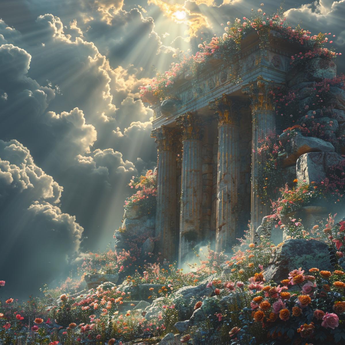 A beautiful floral background, against which stands a sanctuary dedicated to the goddess Hera. The suns rays break through the gray clouds in the sky and illuminate the sanctuary as if triumphing over the dark side of Hera