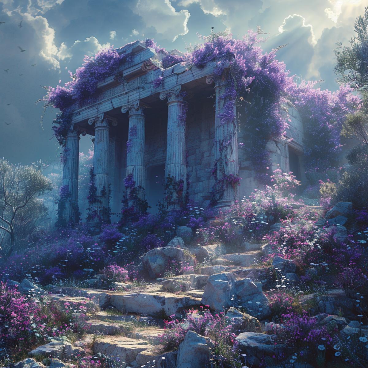 A beautiful floral background, against which stands a sanctuary dedicated to the goddess Hera. The suns rays break through the gray clouds in the sky and illuminate the sanctuary as if triumphing over the dark side of Hera