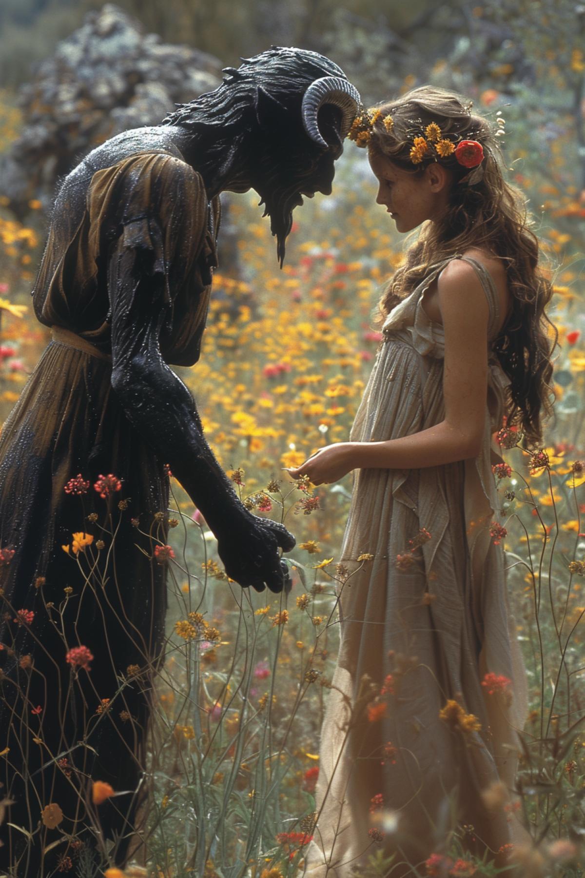 Hades kidnapped Persephone while she was picking flowers in the meadow.