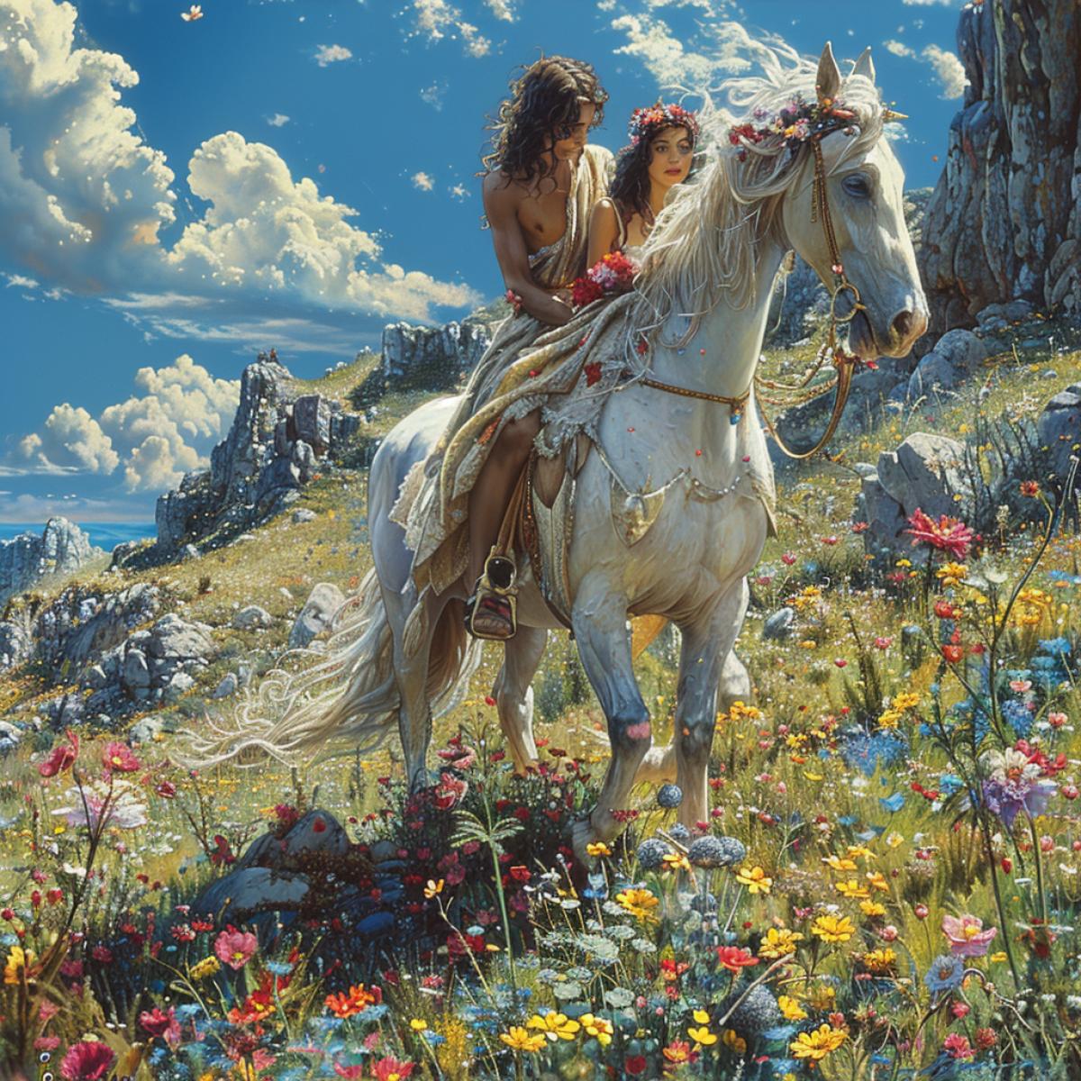 A hot summer day, a beautiful flower meadow, a centaur galloping across it holding the beautiful goddess Aphrodite in his arms. natural solar lighting, deep detail, high realism, brightness and naturalness of colors.