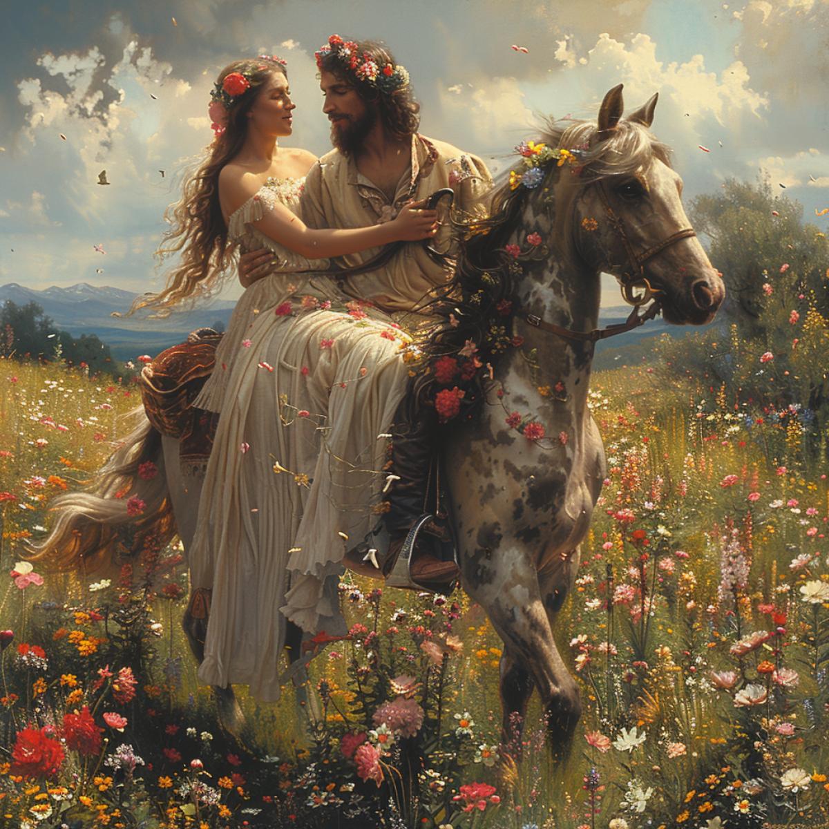 A hot summer day, a beautiful flower meadow, a centaur galloping across it holding the beautiful goddess Aphrodite in his arms. natural solar lighting, deep detail, high realism, brightness and naturalness of colors.