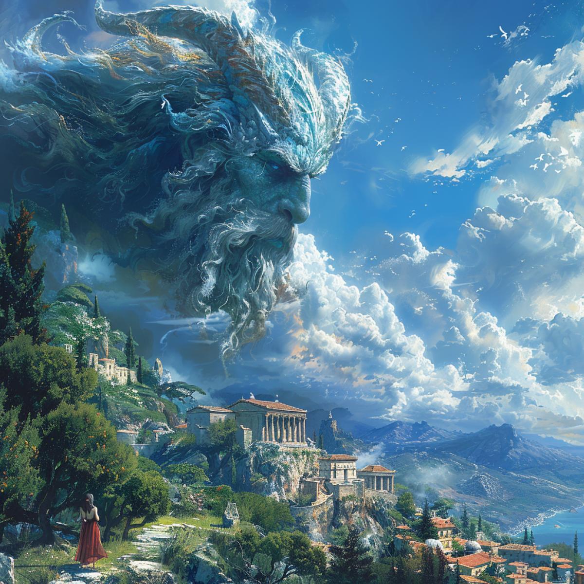 Ancient Greek mythology is a unique world of monsters, gods, heroes. Beautiful nature, beautiful gods of Olympus in the style of Boris Valeggio