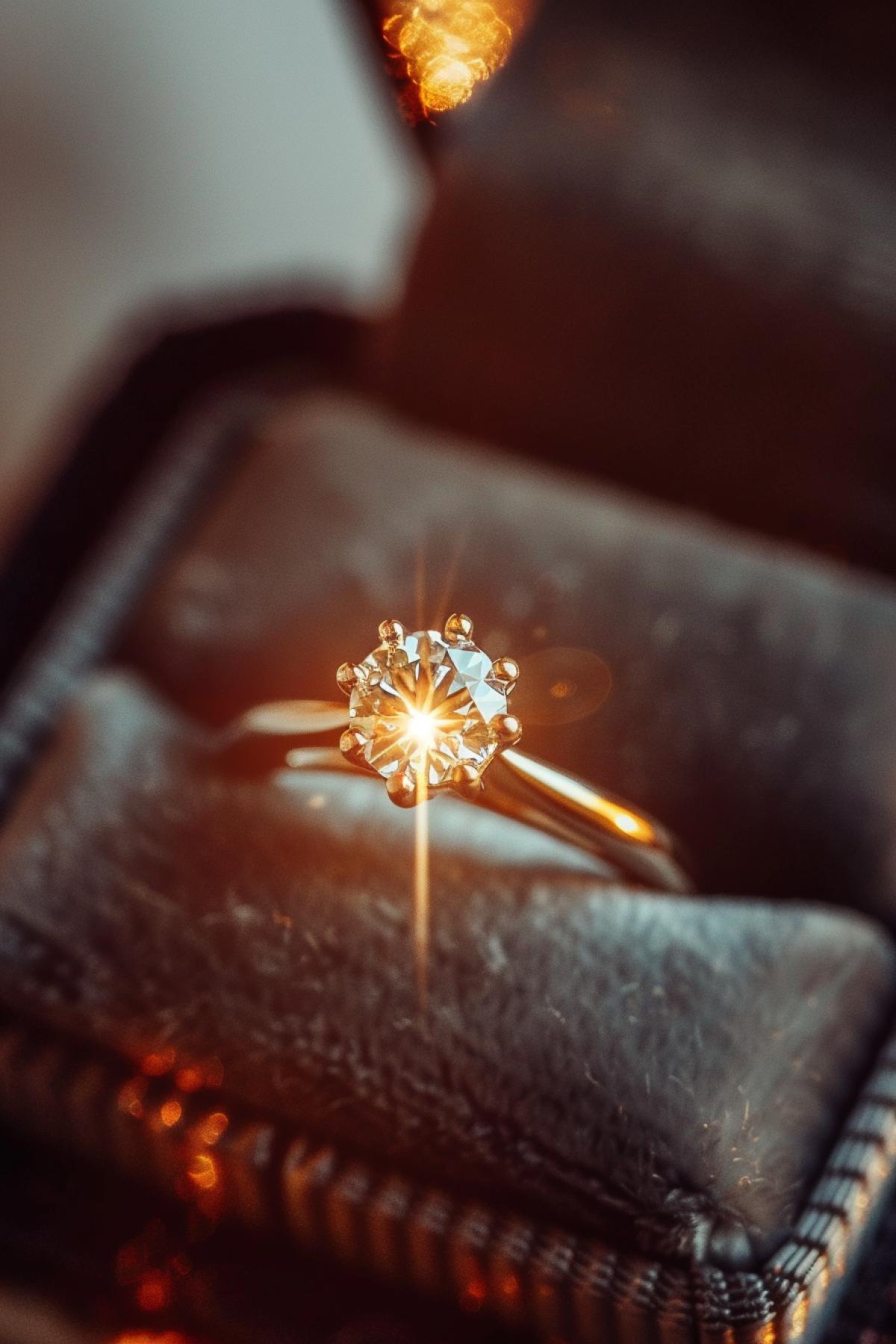 Elegant gold and diamond ring, on a dark velvet stand. Lighting from above. The glare on the facet of the diamond. Professional photography. Jewelry advertisement