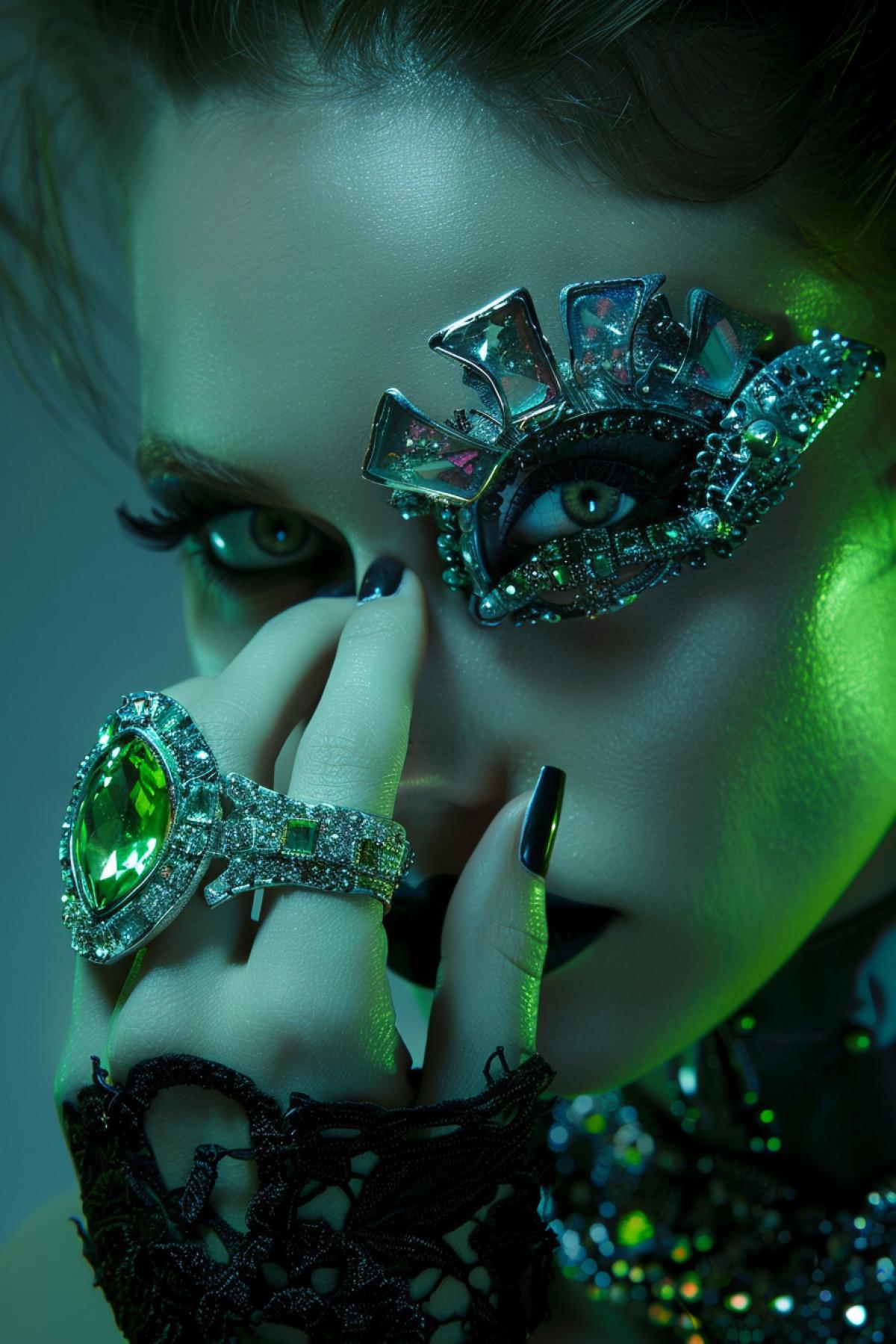 jewelry advertisement photo, cyberpunk style, pewter with peridot, beautiful