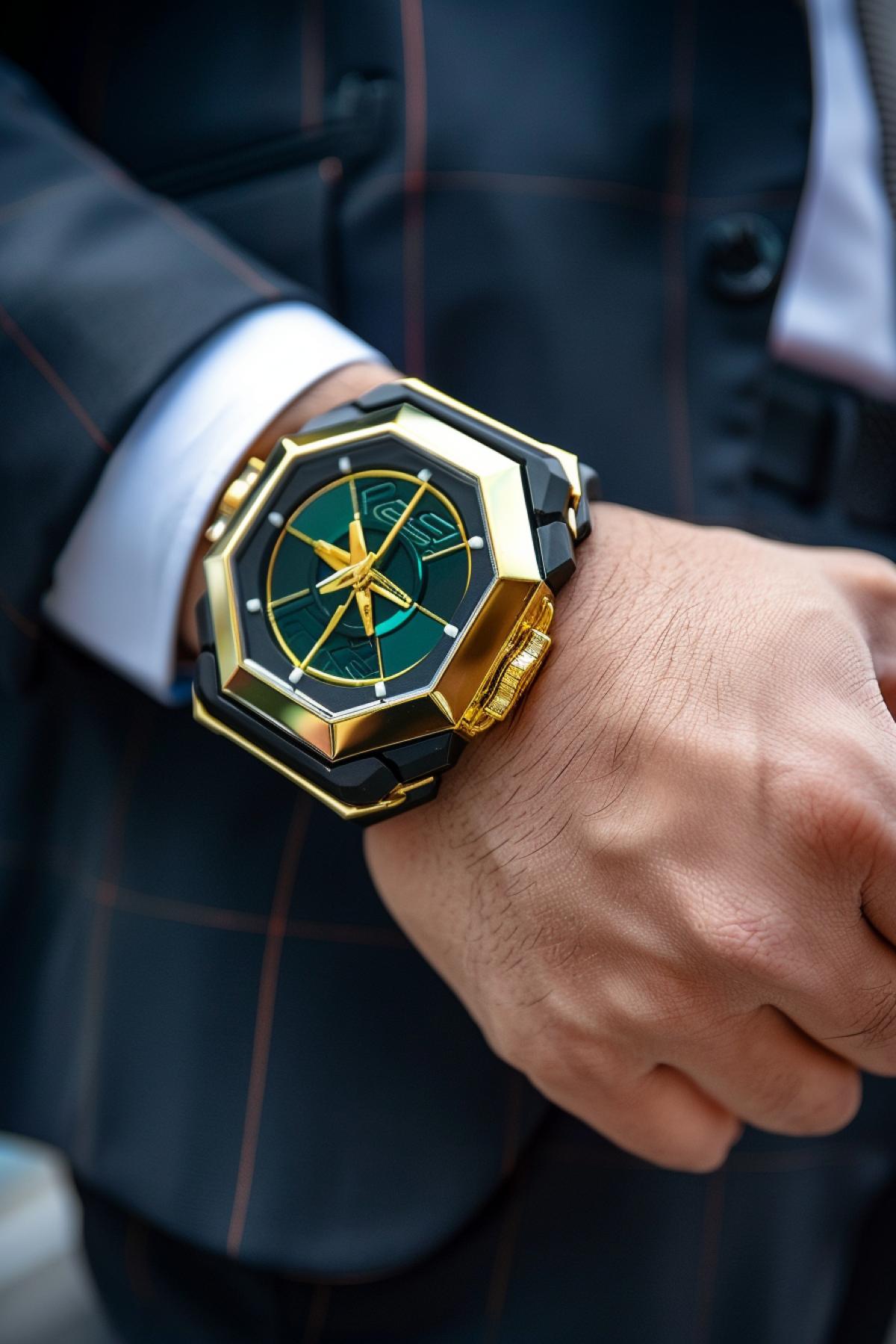luxury omnitrix with gold trim, wielding the greatest powers of the universe, on the wrist of a strong man wearing an Armani business suit