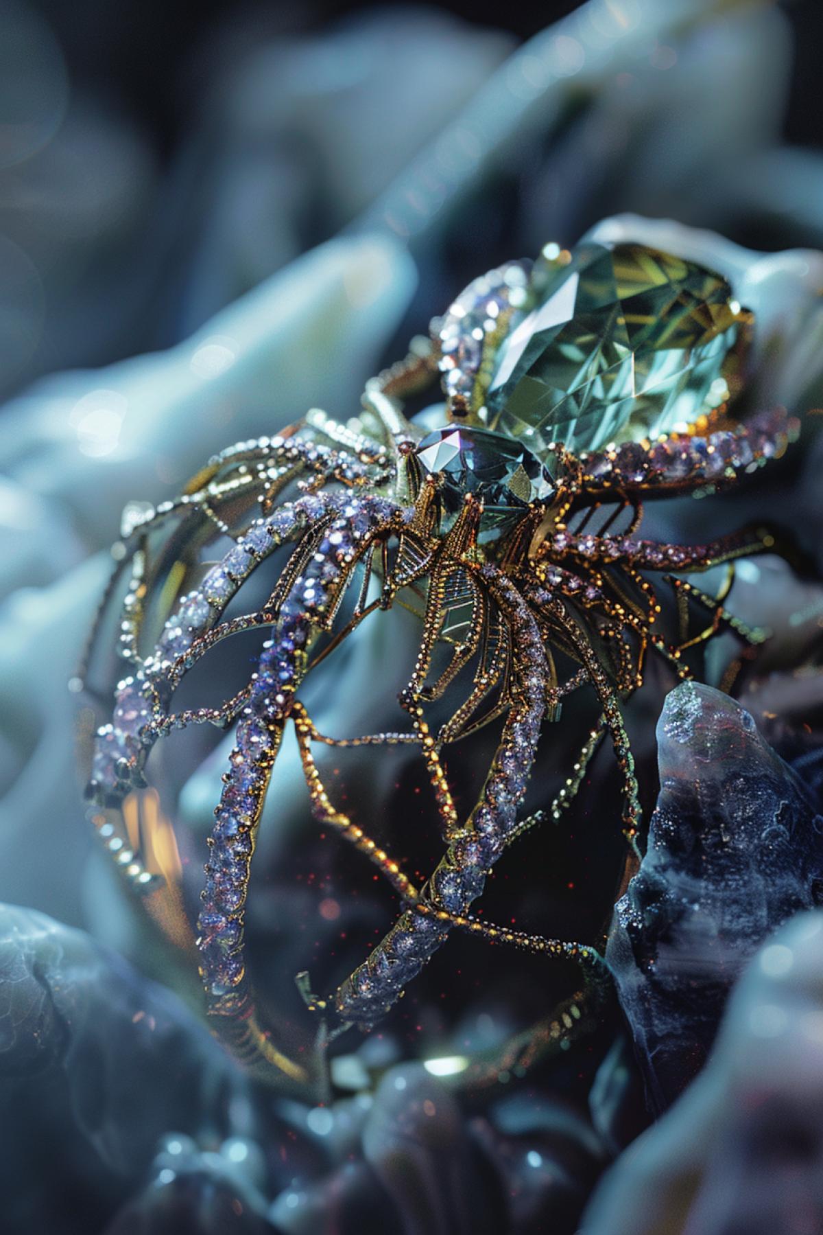 a jewelry design, spidersilk ring, diamonds and gemstones, luxury, closeup, product view, trending on artstation, cgsociety, ultra quality, digital art, exquisite hyper details, 4k, Soft illumination, dreamy, fashion, rendering by unreal engine