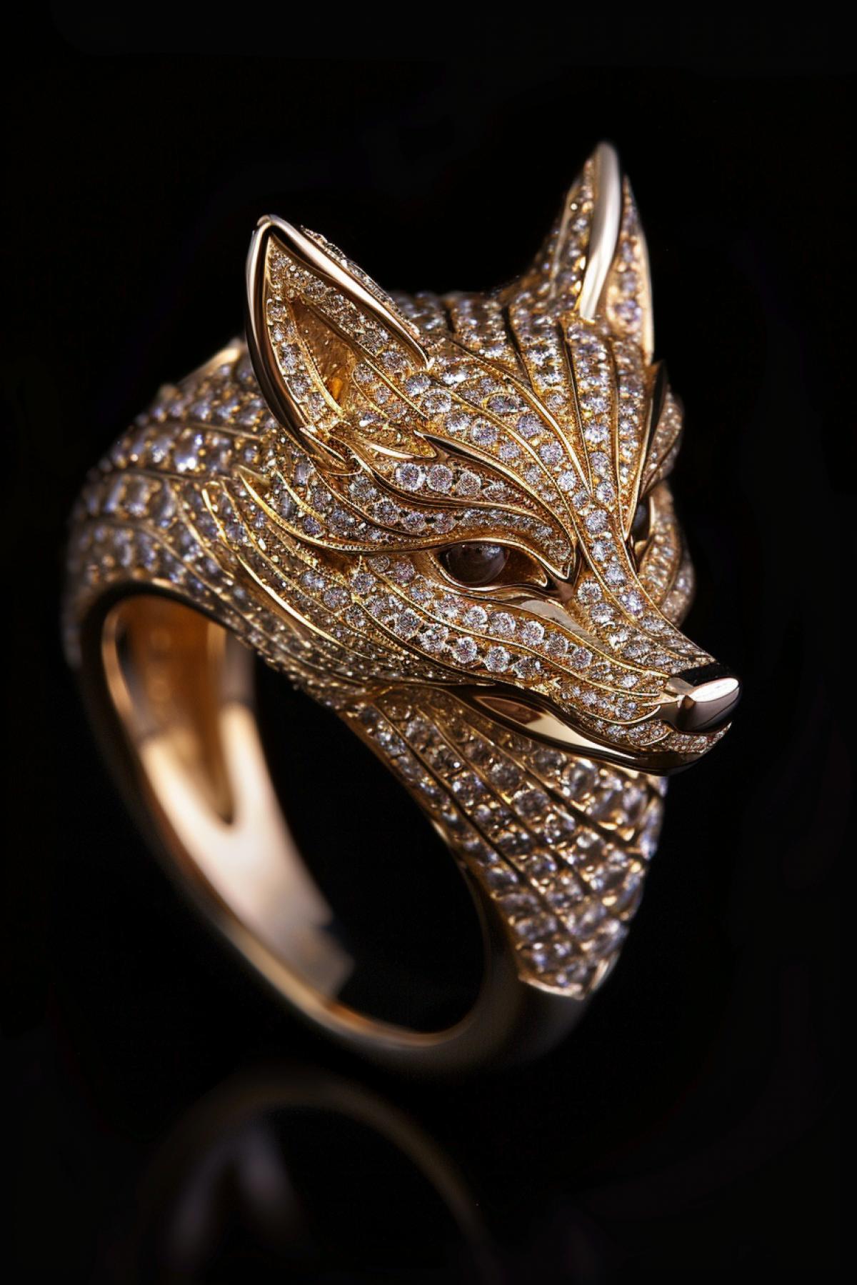 Ornate gold ring of a fox with diamonds. Front view. Jewelry photography.