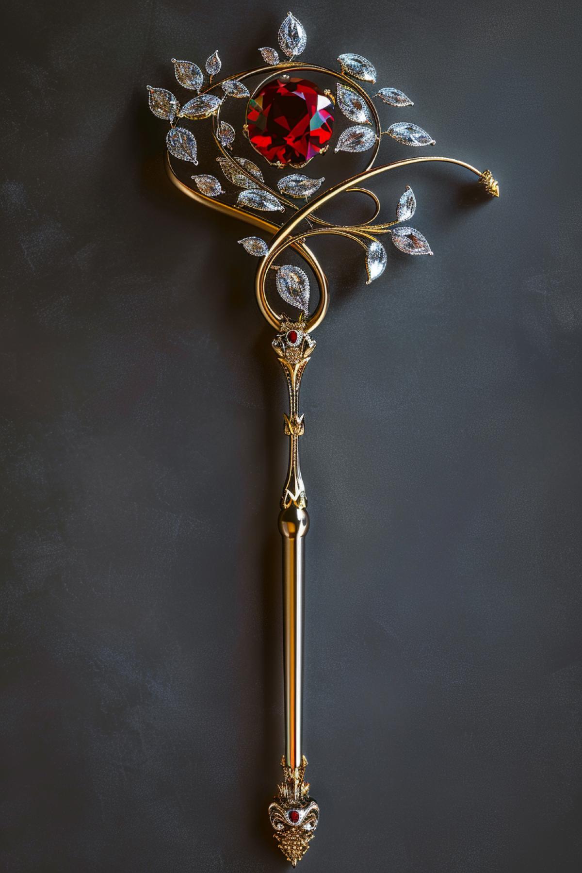 A beautifully made Hair stick made of silver and gold with gilded decoration of a hati chasing mane, bands of scintillating diamonds, large red ruby, dark grey background, shiny, smooth, extremely intricate and ornate, filigree, floral, hyperdetailed, hyperrealistic, cinematic, volumetric lighting, studio lighting, ultra HD, 8k, octane render