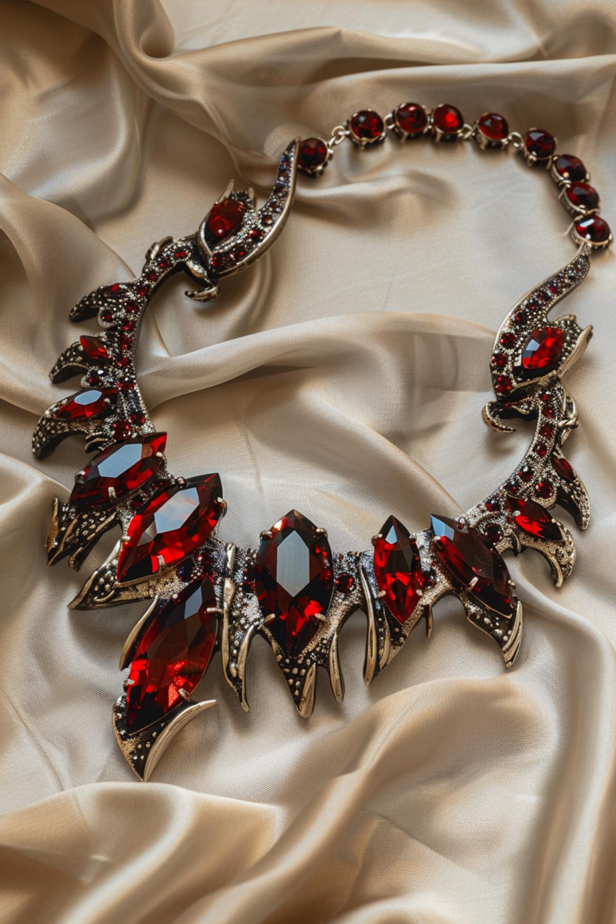 Jewelry necklace in the form of dragon claws with rubies on a silk background