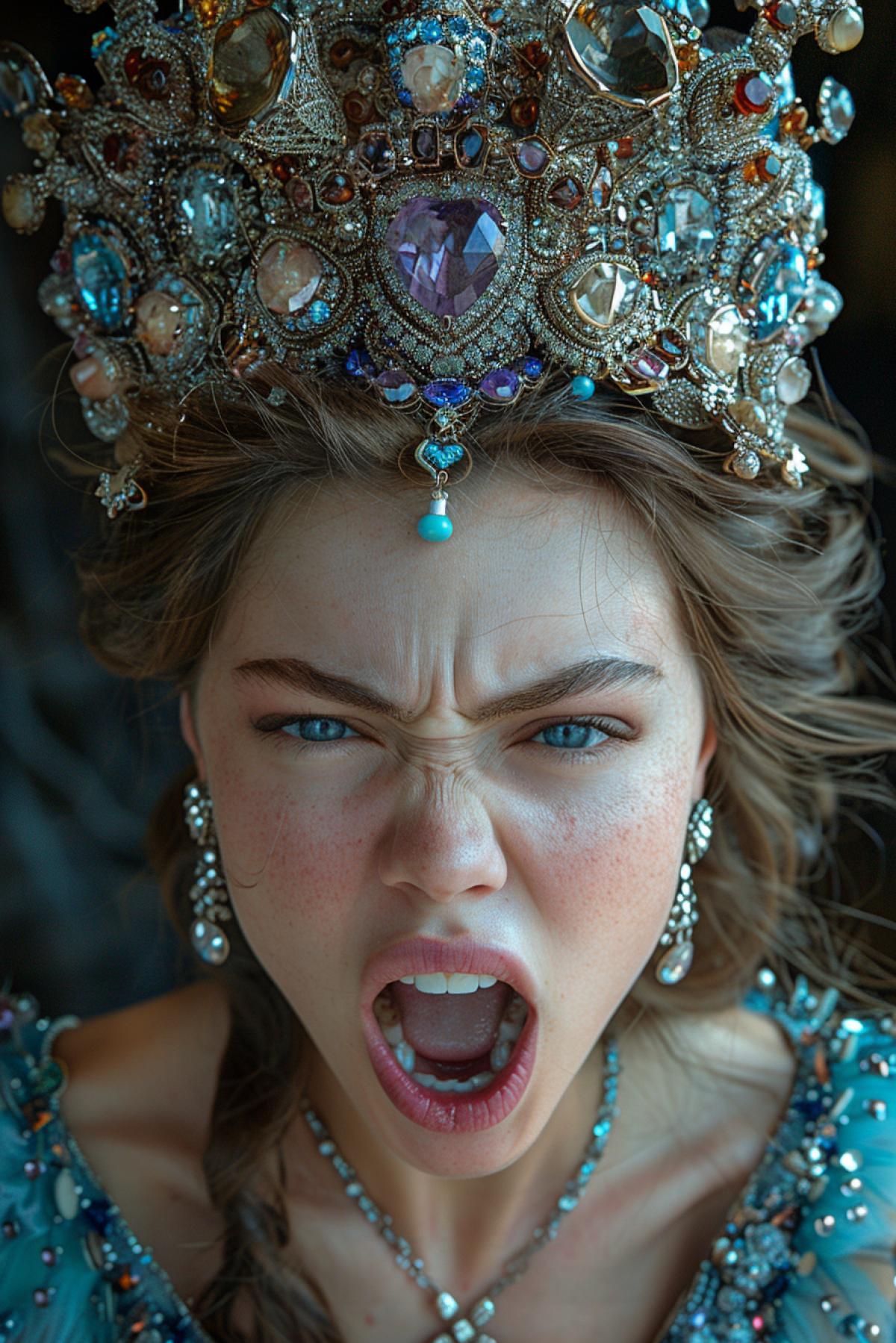 Screaming hypertrophied supermodel, all in jewelry, earrings, bracelets, chains, pendants. A lot of jewelry. Humor.