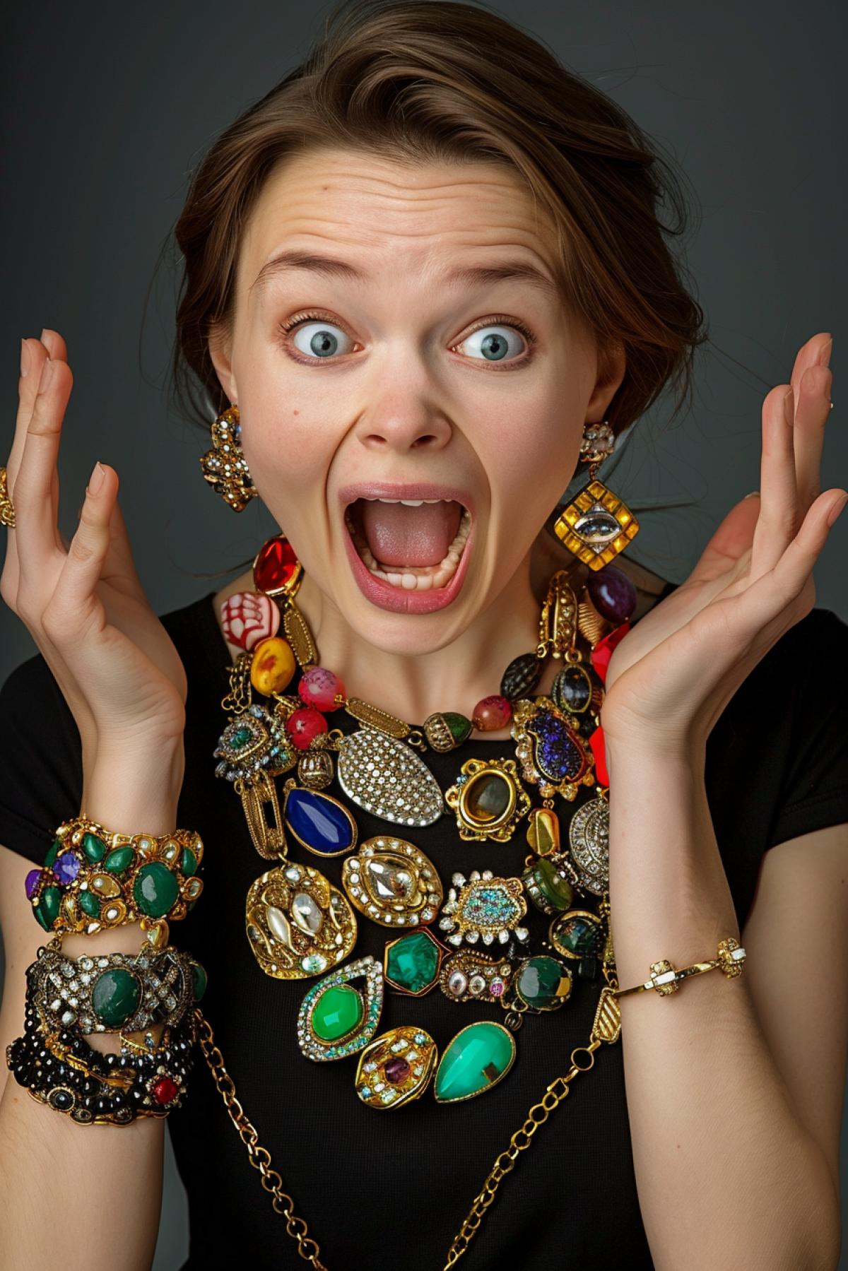 Screaming hypertrophied supermodel, all in jewelry, earrings, bracelets, chains, pendants. A lot of jewelry. Humor. Cover of a fashion magazine.