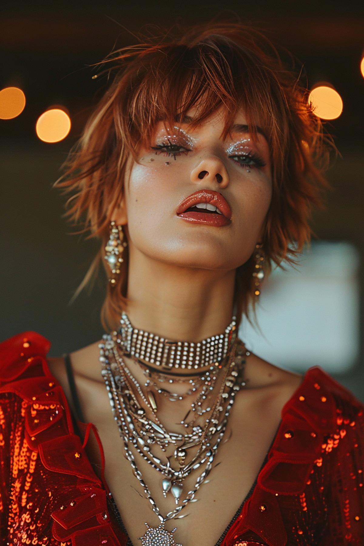 Screaming hypertrophied supermodel, all in jewelry, earrings, bracelets, chains, pendants. A lot of jewelry. Humor. Cover of a fashion magazine.