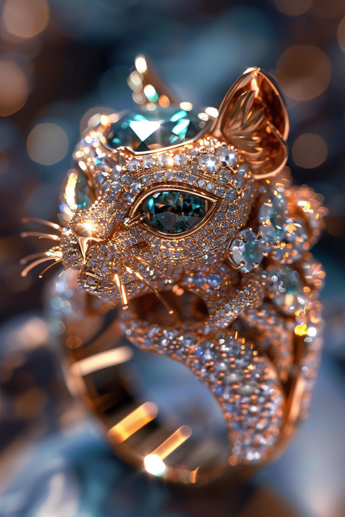 a jewelry design, cat-themed ring, gemstones and diamonds, luxury, closeup, product view, trending on artstation, cgsociety, ultra quality, digital art, exquisite hyper details, 4k, Soft illumination, dreamy, fashion, rendering by unreal engine