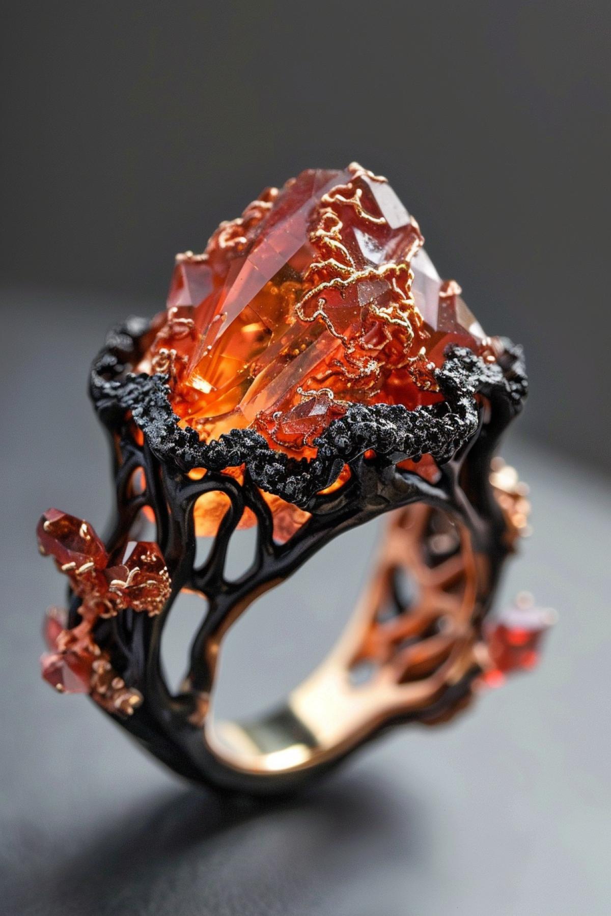 Intricate detaled jewelry ring inspired by in erupting volcano