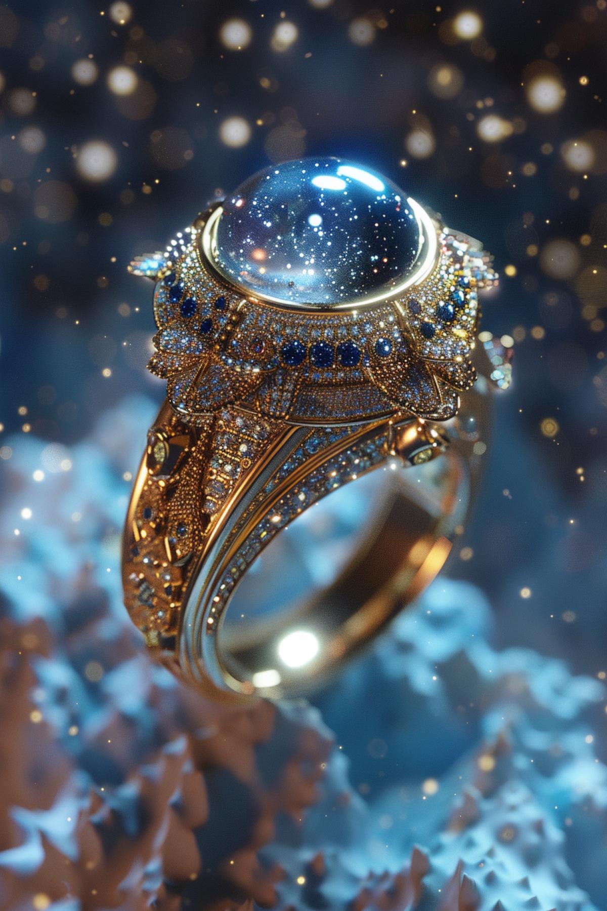 Jewelry ring inspired by the celestial space, centered 4k, 32 k, hyperrealistic, insane details, super cinematic