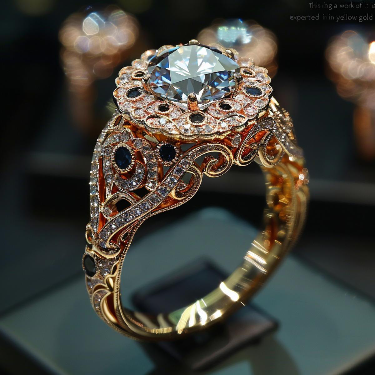 Exhibition of jewelry in the huge hall of the exhibition center.. A ring with a diamond:. \"This ring is a work of art. It is expertly crafted in yellow gold, which is perfectly matched with a vibrant diamond in the center. The sparkle of the diamond draws your eye to this stunning piece. Every time you look at this ring, you feel like a real queen, it is perfect complements your beauty.\"