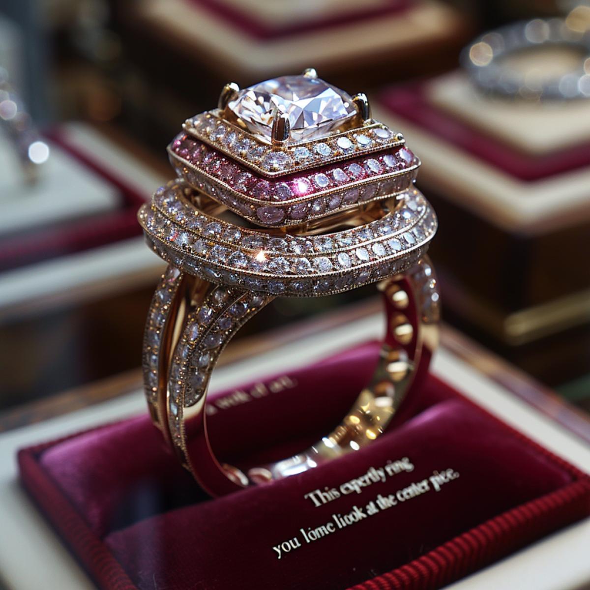 Exhibition selling jewelry.. Vetrina, on velvet red pillows lie delightful works of art.. A ring with a diamond:. \"This ring is a work of art. It is expertly crafted in yellow gold, which is perfectly matched with a vibrant diamond in the center. The sparkle of the diamond draws your eye to this stunning piece. Every time you look at this ring, you feel like a real queen, it is perfect complements your beauty.\"
