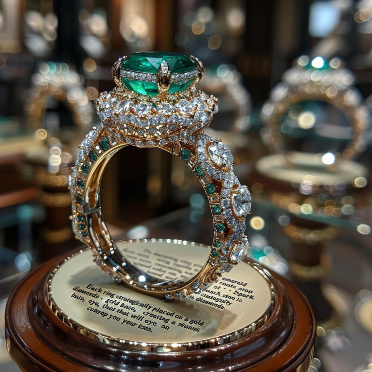 Jewelry exhibition, exhibition hall on a rotating pedestal, a delightful ring. \"This dazzling emerald center ring sits atop an endless sea of ​​sparkling diamonds. Each stone is strategically placed on a gold base, creating a stunning com4k that will captivate the eye and keep you on your toes.\"