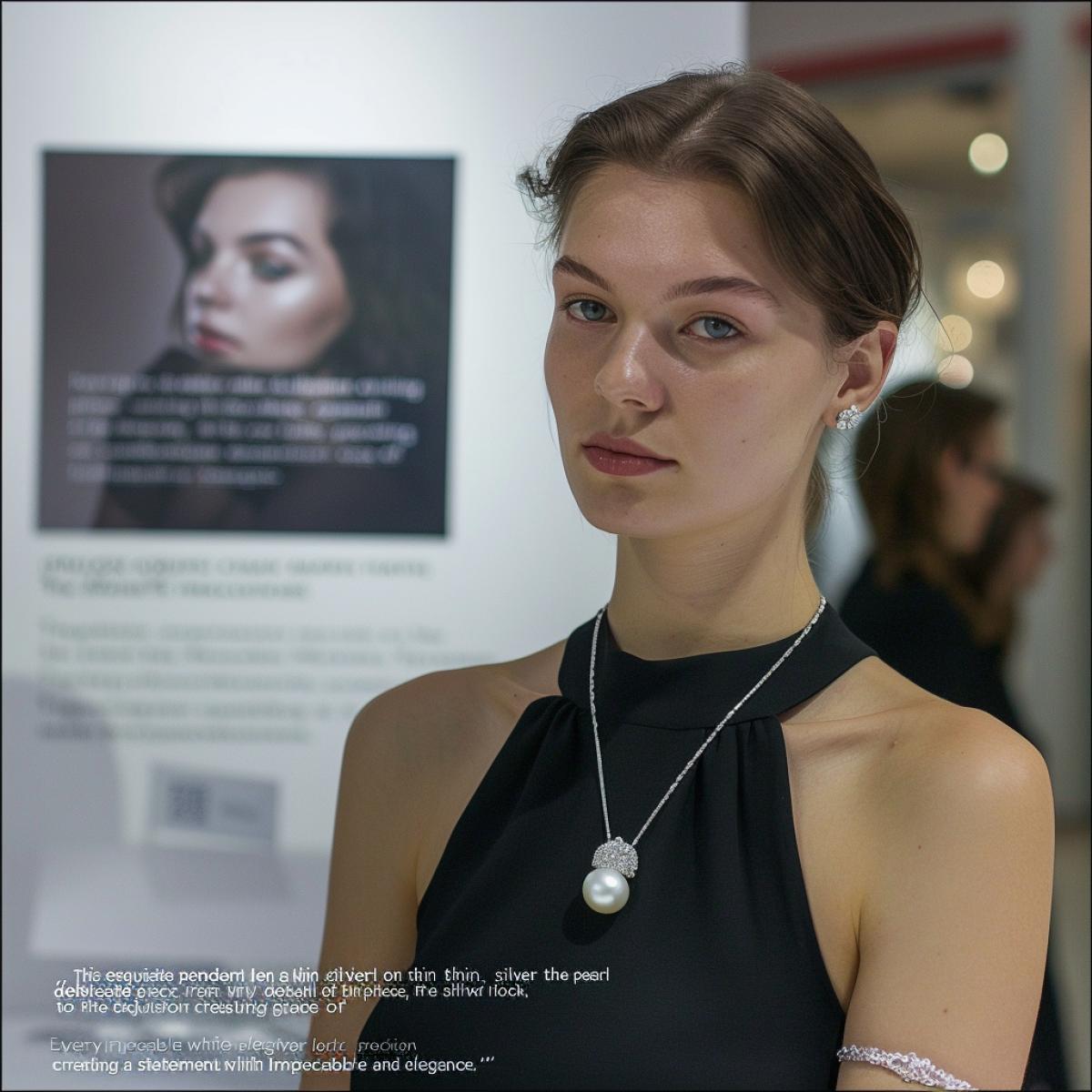 Exhibition of jewelry in the central exhibition hall of Moscow. A fashion model stands on the podium and demonstrates a pendant around her neck.. \"This exquisite pearl pendant on a thin silver chain is a true work of art. Every tiny detail of the piece, from the delicate white pearl to the exquisite silver lock, is crafted with impeccable precision, creating a statement of grace and elegance.\"