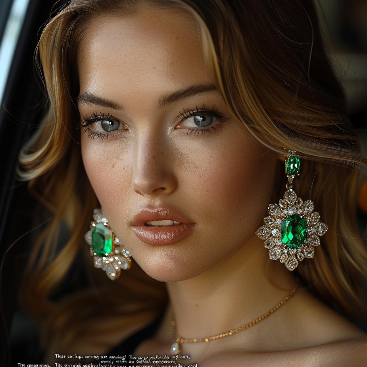 Beautiful girl fashion model demonstrates amazing earrings . Earrings with emeralds:. \"These earrings are amazing! They go perfectly with any outfit, adding sophistication and luxury to your appearance. The emeralds located in the center of the earrings sparkle with their green sparkles. The earrings are made of shiny gold, which adds extra elegance and sophistication to them. Wearing these earrings, you You will gain a feeling of confidence and strength, and their bright radiance will attract admiring glances.\"