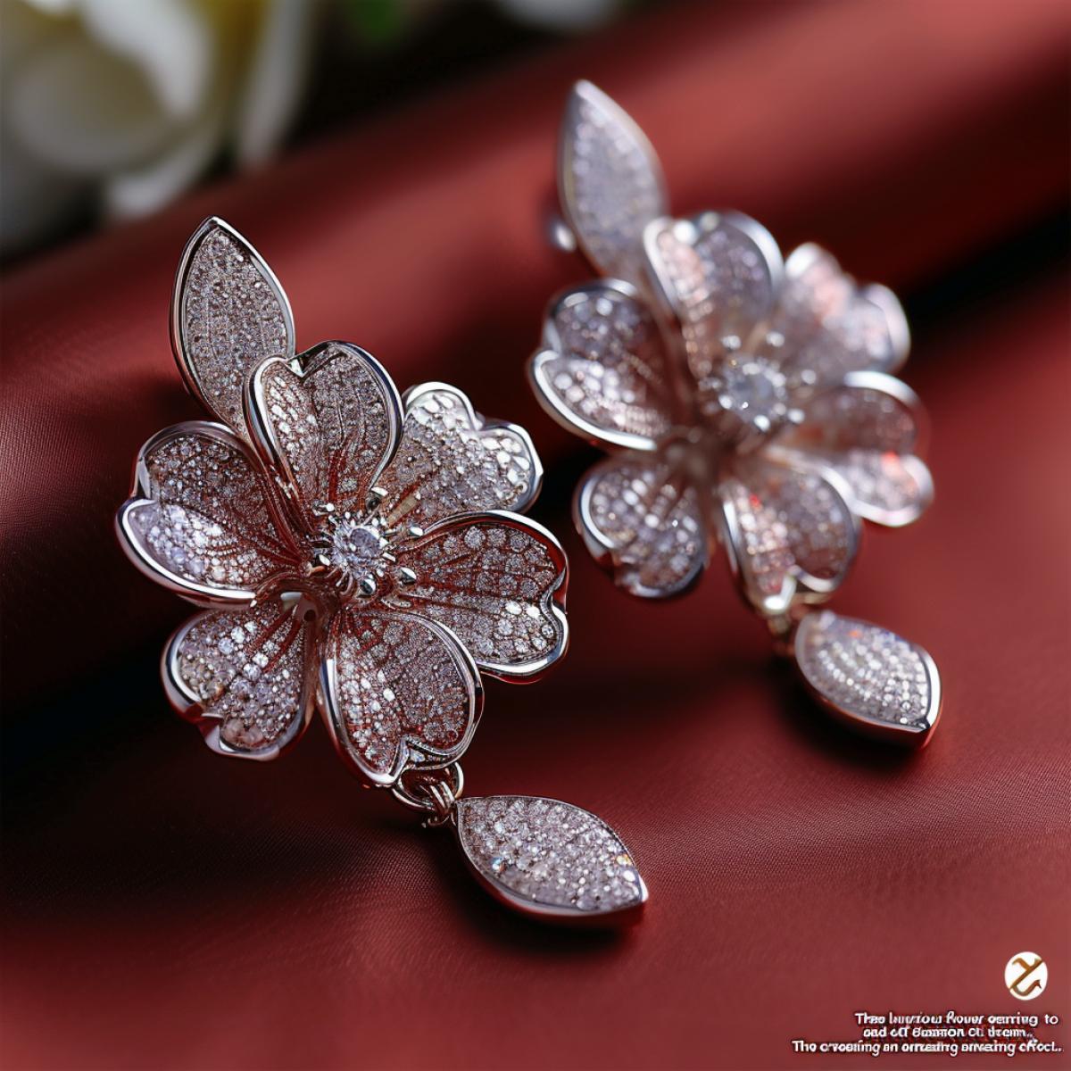 Exhibition hall, amazing earrings lie on a red satin background . \"These luxurious flower earrings appear alive thanks to the dirtful work of the artisans who created them.. Each petal, made of diamonds and white gold, has a unique shine and shimmers at different angles of light, creating an amazing effect.. The earrings simply radiate luxuriousity and femininity.\"