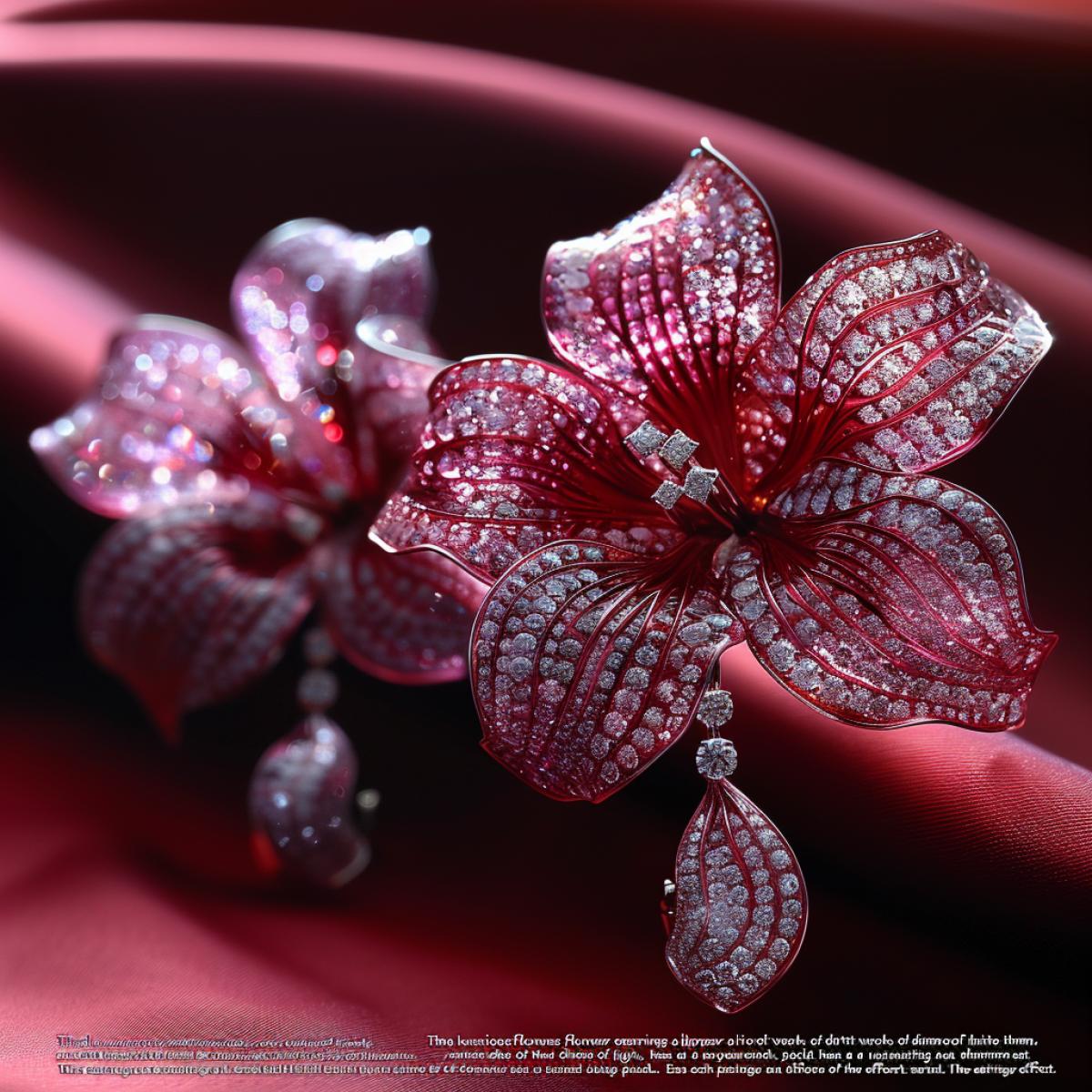 Exhibition hall, amazing earrings lie on a red satin background . \"These luxurious flower earrings appear alive thanks to the dirtful work of the artisans who created them.. Each petal, made of diamonds and white gold, has a unique shine and shimmers at different angles of light, creating an amazing effect.. The earrings simply radiate luxuriousity and femininity.\"