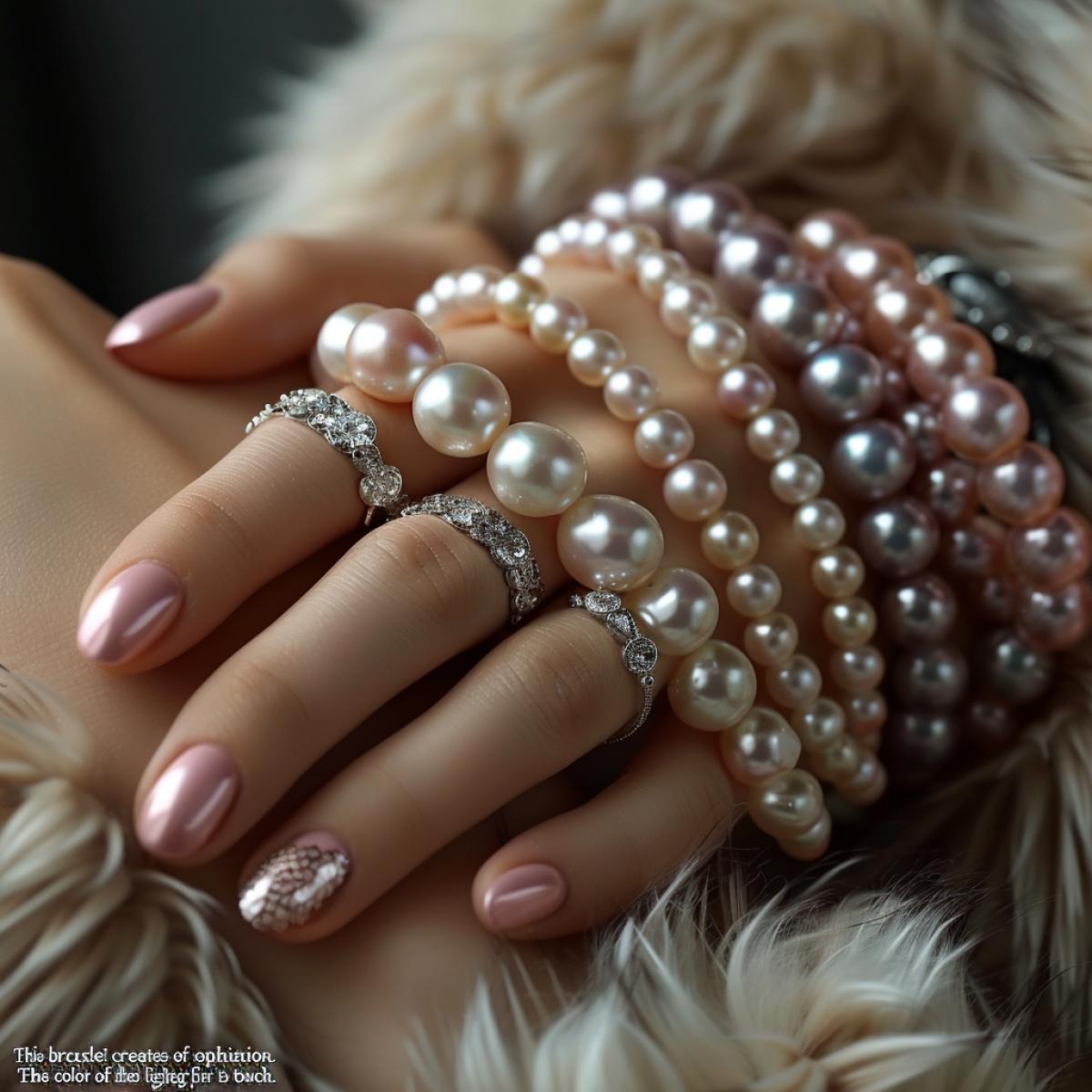 An elegant girl with beautiful well-groomed hands with a perfect manicure demonstrates an amazing bracelet. . Pearl bracelet:. \"This bracelet creates an atmosphere of luxury and sophistication. It is made of the finest pearls that sparkle and shimmer in the light like living fire. The color of the pearls is delicate, and the texture is smooth and pleasant to the touch. The bracelet is attached to the wrist using a small clasp, which makes it Safe and secure to wear. This bracelet will perfectly complement any outfit and add sophistication and charm.\". Hundreds of cameras capture the luxury of hands and bracelets