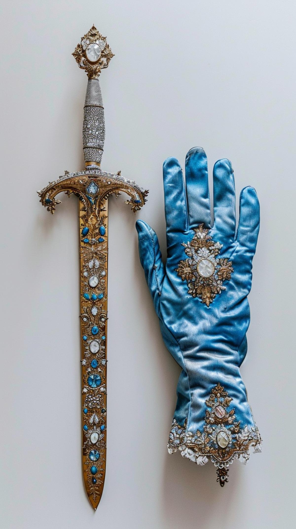 On a white table in a white room lies a saber decorated with precious stones, next to it lies a blue glove