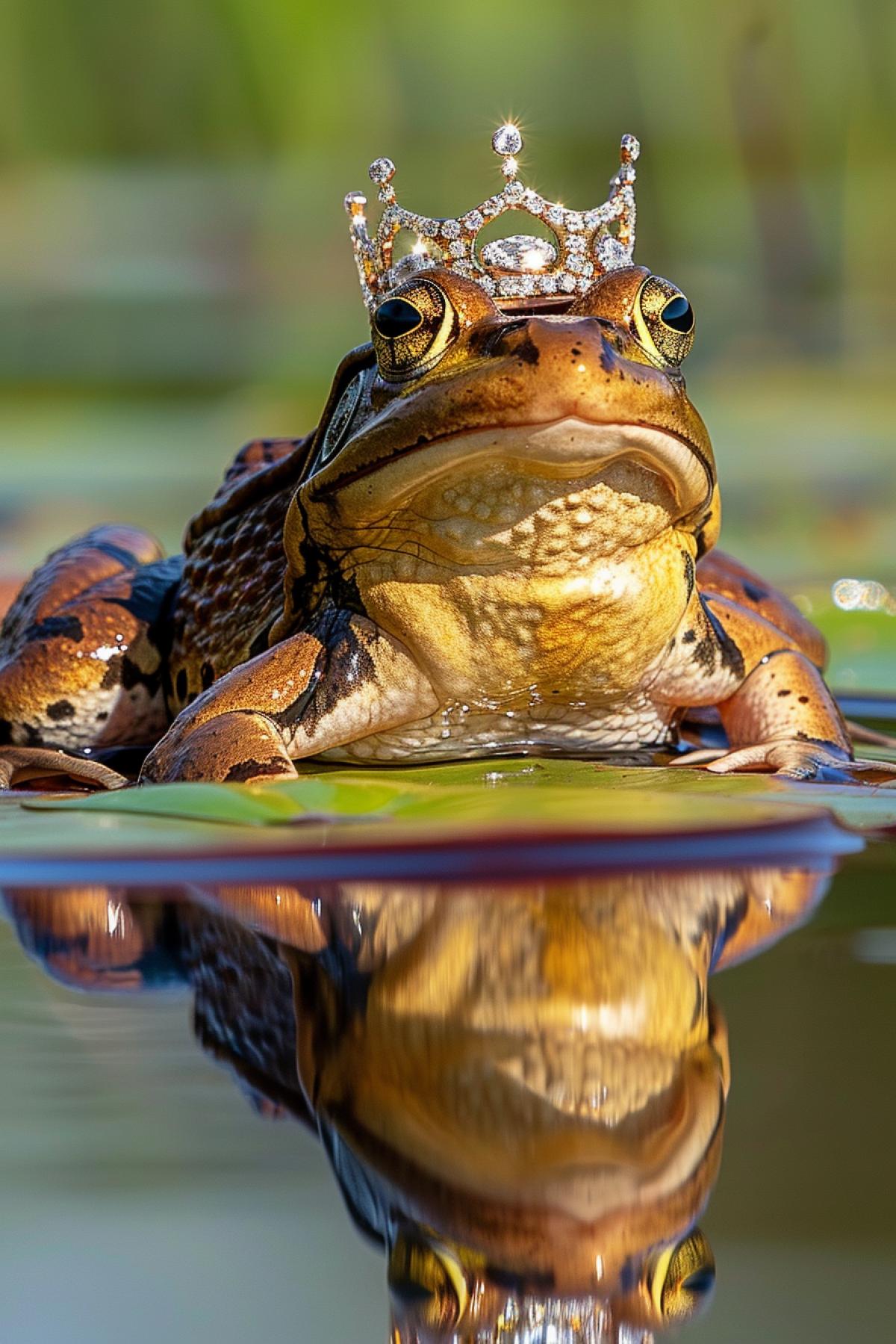 Frog on lily pad showing shining diamond crown, jewelry luxury, advertising style, fashion