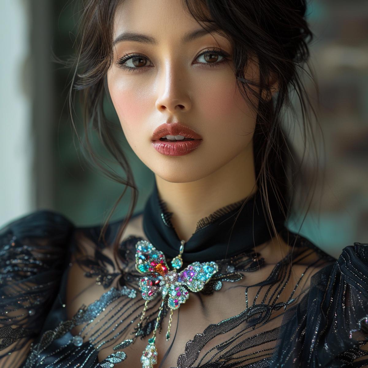 Beautiful Asian-looking fashion model wearing a dark elegant dress demonstrates a brooch . \"This delicate butterfly brooch is crafted from precious stones and precious metals and evokes a feeling of spring and lightness. Each stone is perfectly matched to the next to create a unity that enhances the beauty of the butterfly and its delicacy.\"