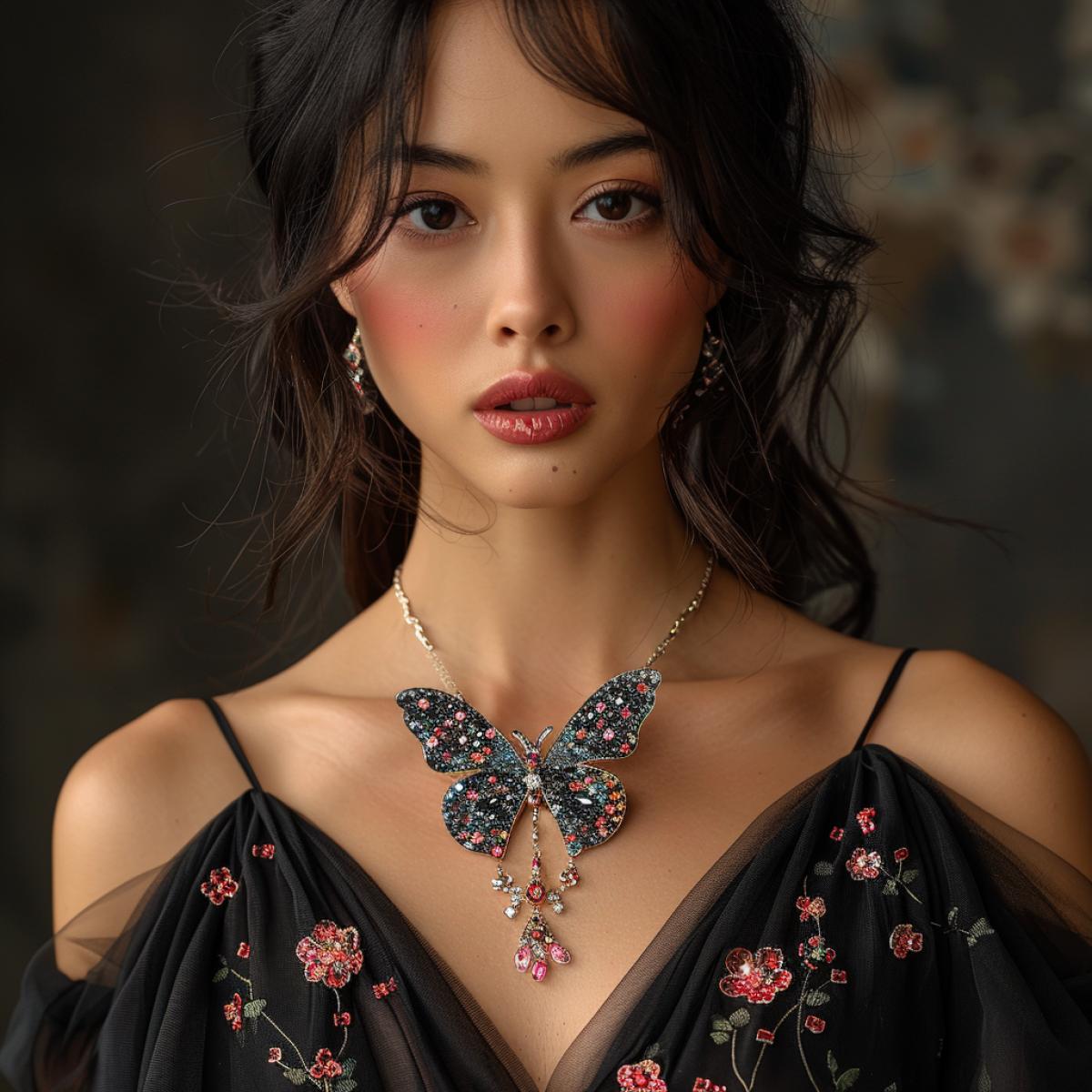 Beautiful Asian-looking fashion model wearing a dark elegant dress demonstrates a brooch . \"This delicate butterfly brooch is crafted from precious stones and precious metals and evokes a feeling of spring and lightness. Each stone is perfectly matched to the next to create a unity that enhances the beauty of the butterfly and its delicacy.\"