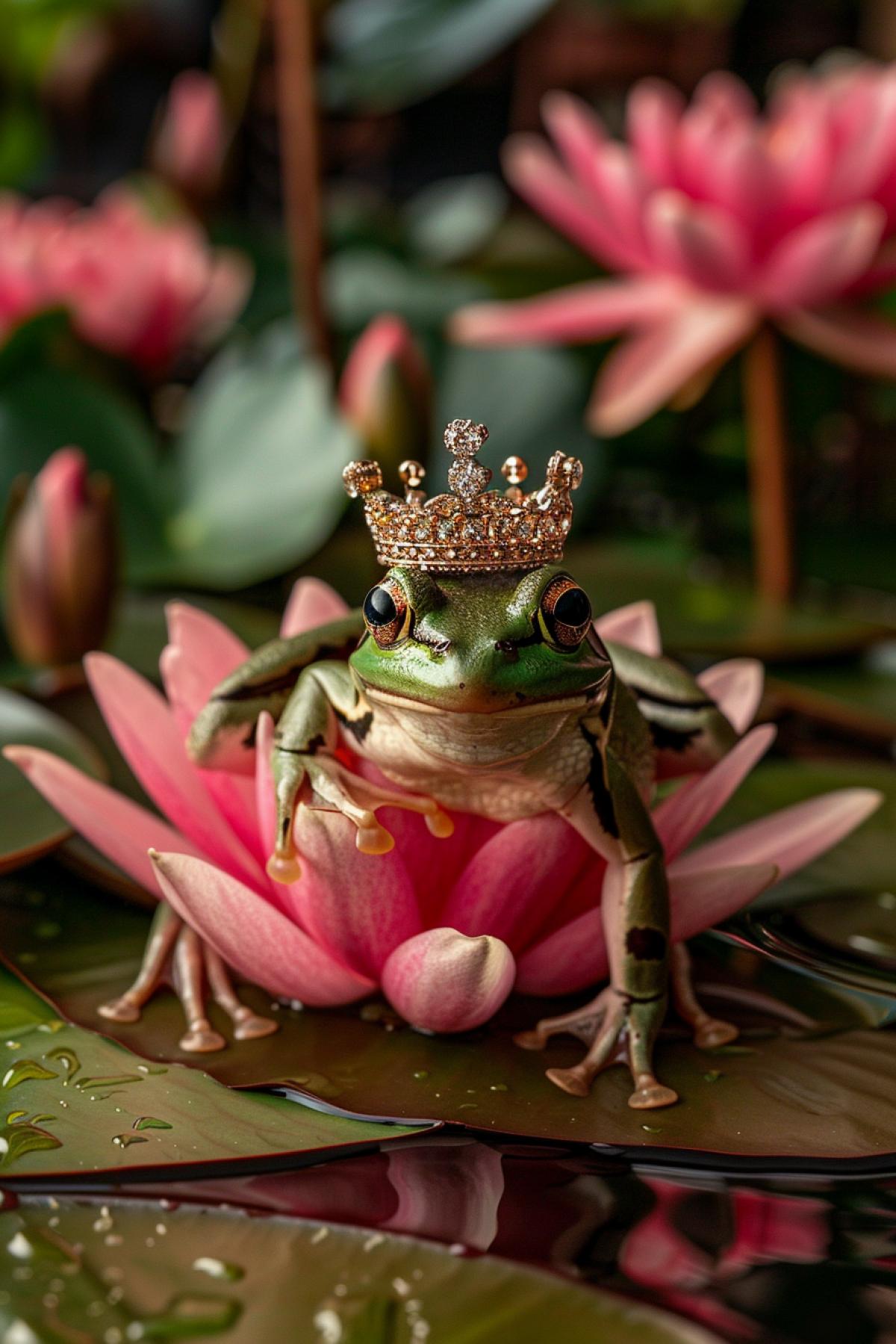 Frog on lily pad showing shining diamond crown, jewelry luxury, advertising style, fashion