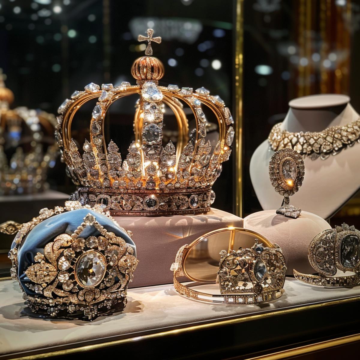 Royal Chamber, Diamond Fund of Russia. Exhibition of jewelry of Russian royalty. The royal crown, the queens diadem, the necklace of Her Imperial Majesty