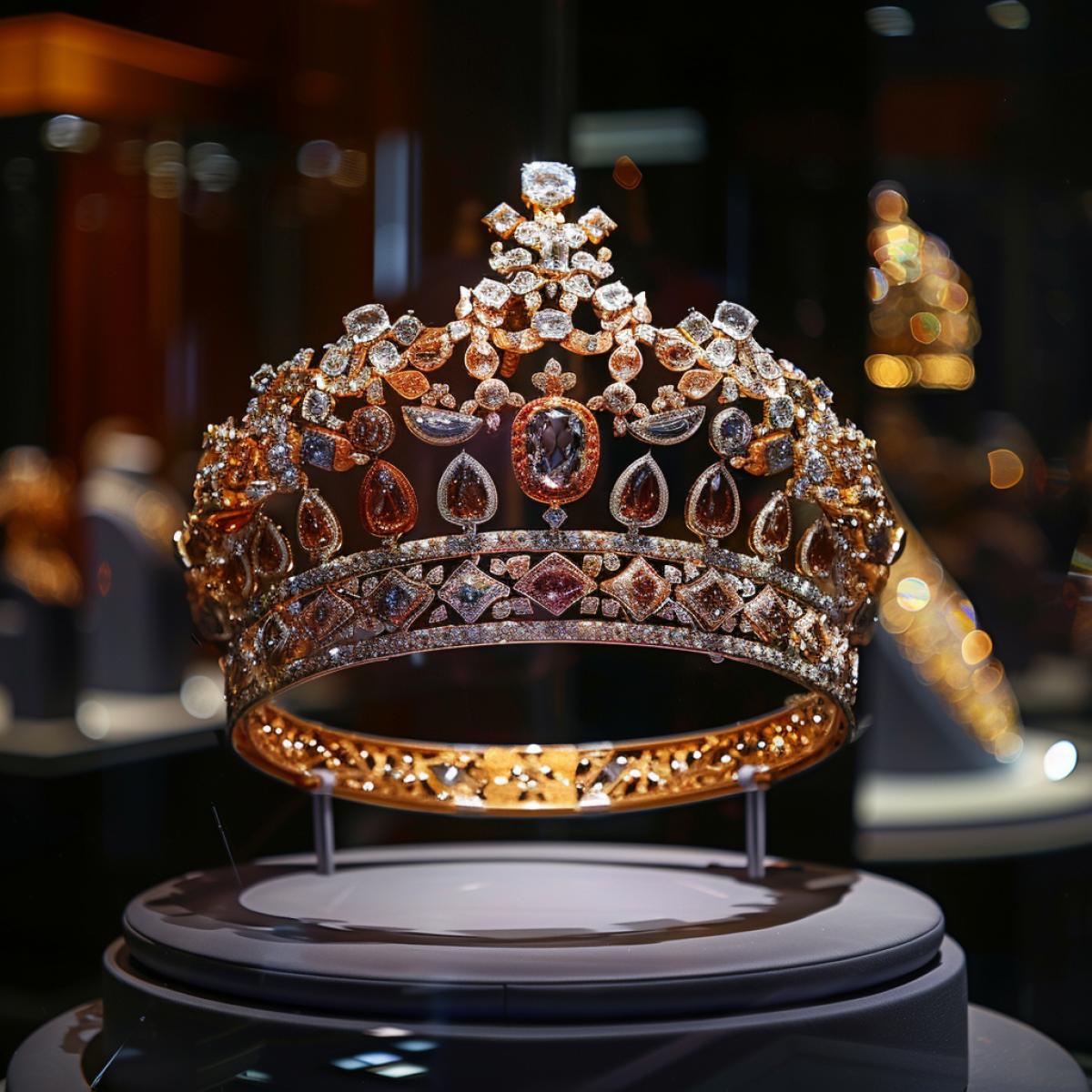 Royal Chamber, Diamond Fund of Russia. Exhibition of jewelry of Russian royalty. The royal crown, the queens diadem, the necklace of Her Imperial Majesty