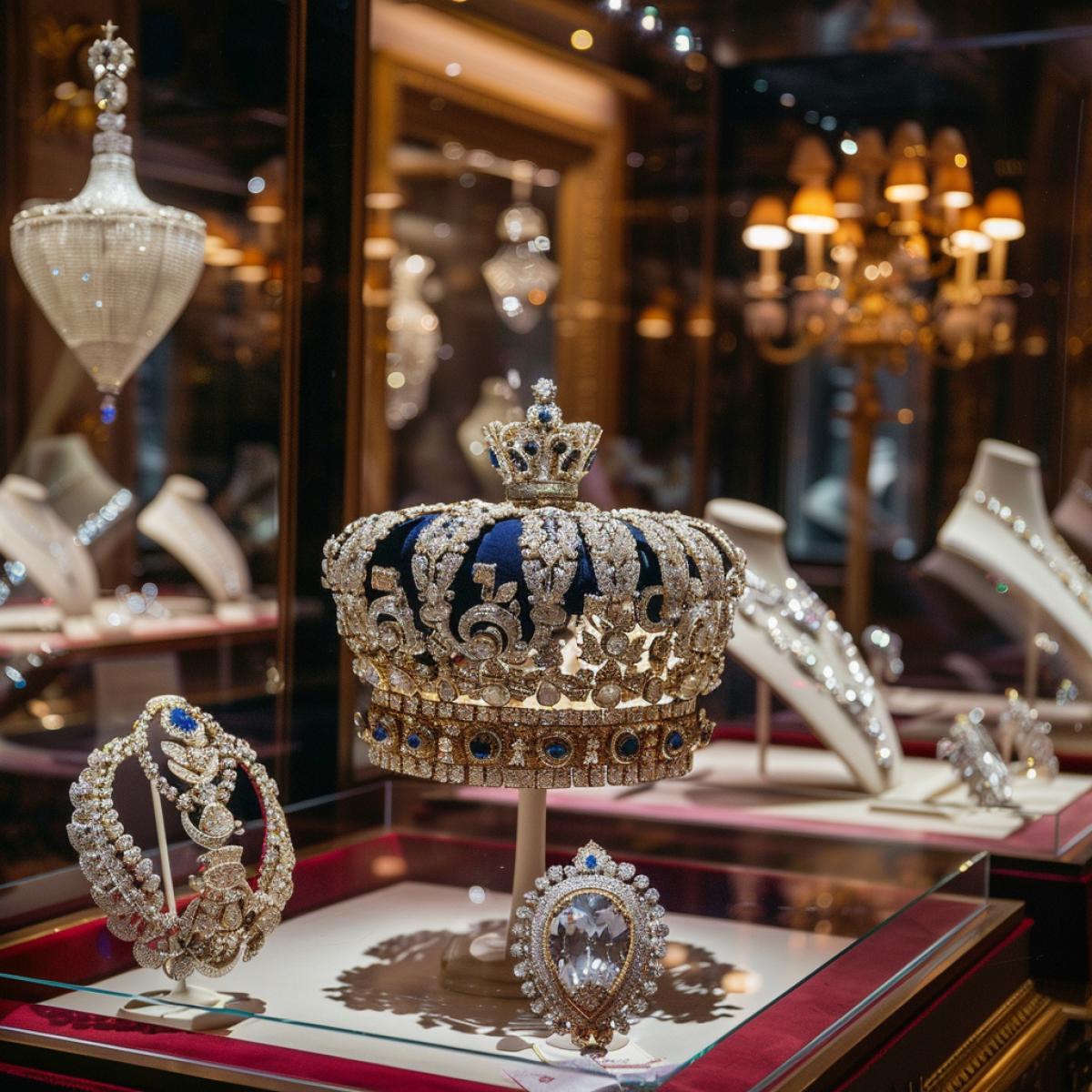 Royal Chamber, Diamond Fund of Russia. Exhibition of jewelry of Russian royalty. The royal crown, the queens diadem, the necklace of Her Imperial Majesty