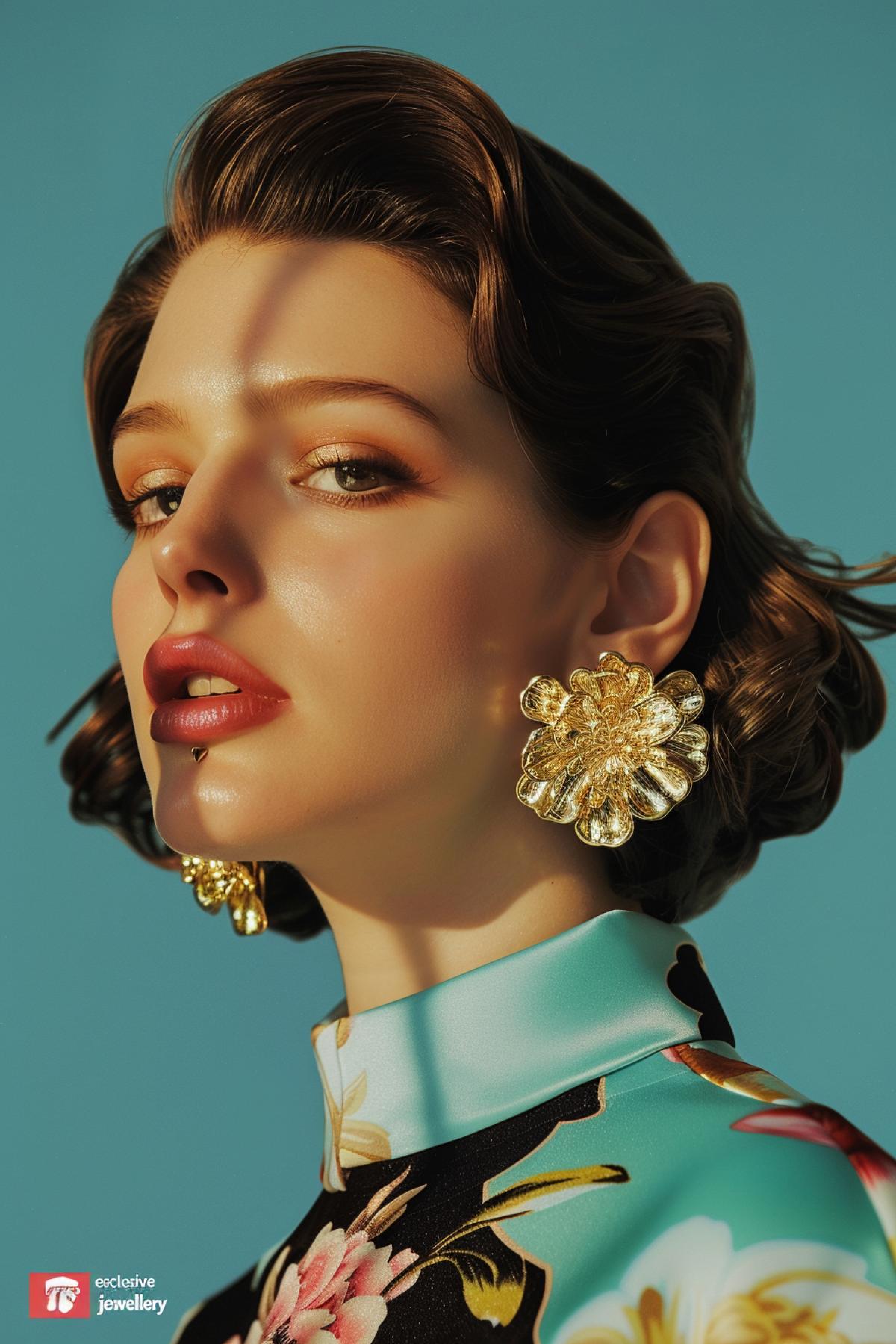 Advertising poster with a portrait of a woman with gold earrings in the form of realistic toilets \"exclusive jewellery\"