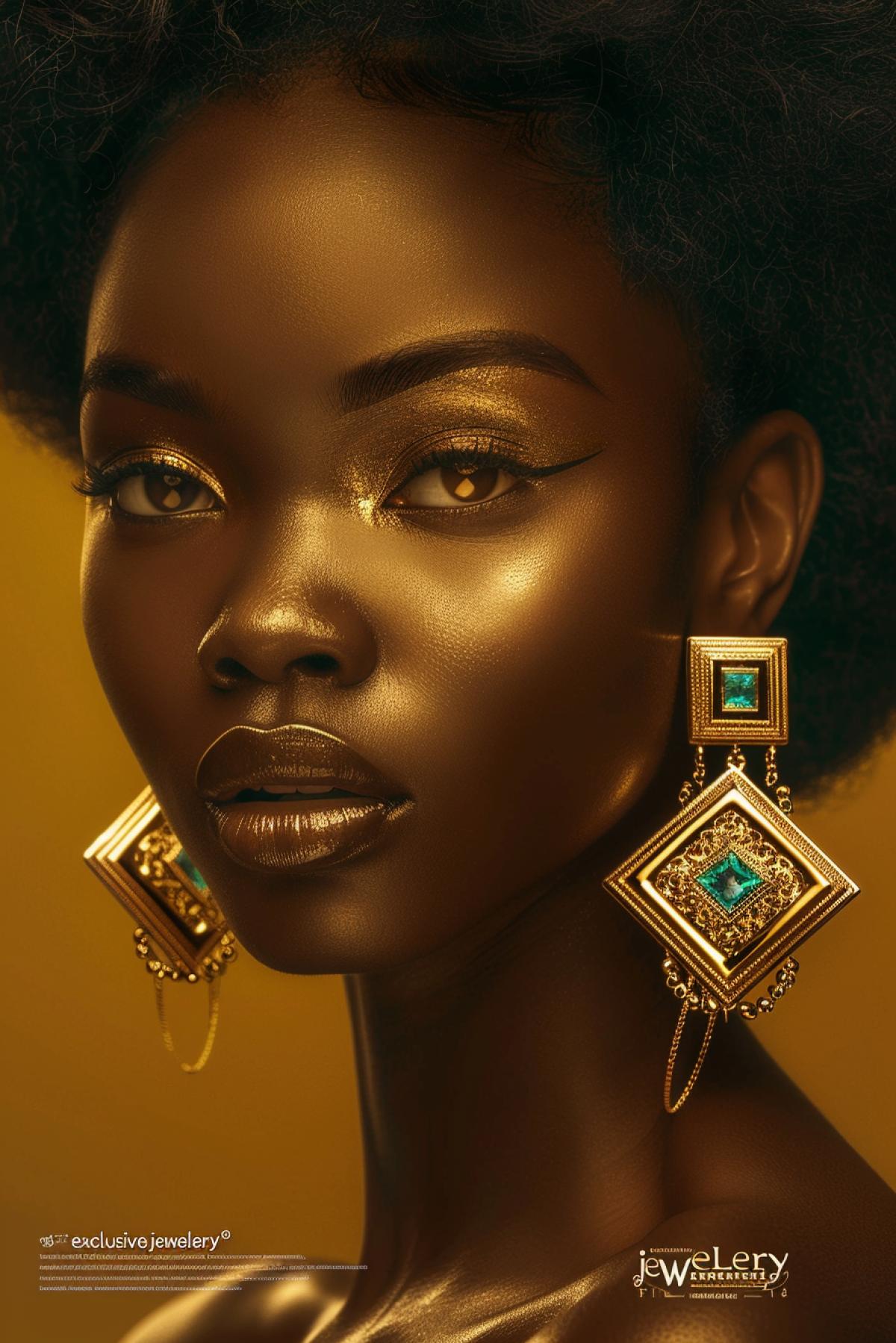 Advertising poster with a portrait of a woman with gold earrings in the form of realistic toilets \"exclusive jewellery\"