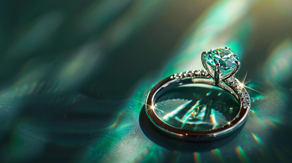 Ring with a diamond, a ray of sun passes through the diamond, refracted light falls on a scattering of emeralds