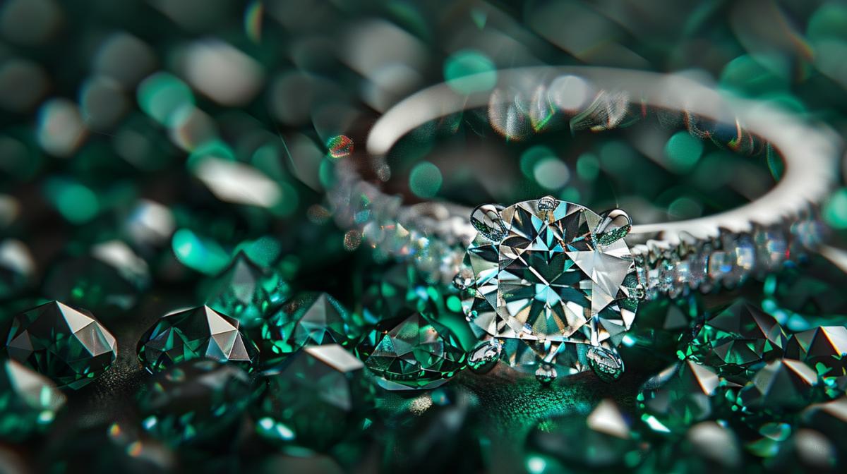 Ring with a diamond, a ray of sun passes through the diamond, refracted light falls on a scattering of emeralds
