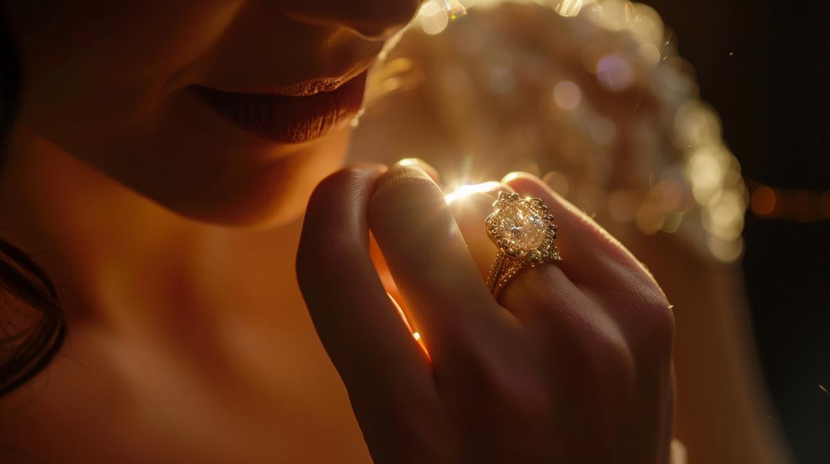 In the foreground, happy Alexandra Bortich in a wedding dress admires a gold ring with a huge iridescent diamond. Advertising shot, contour lighting, high definition.